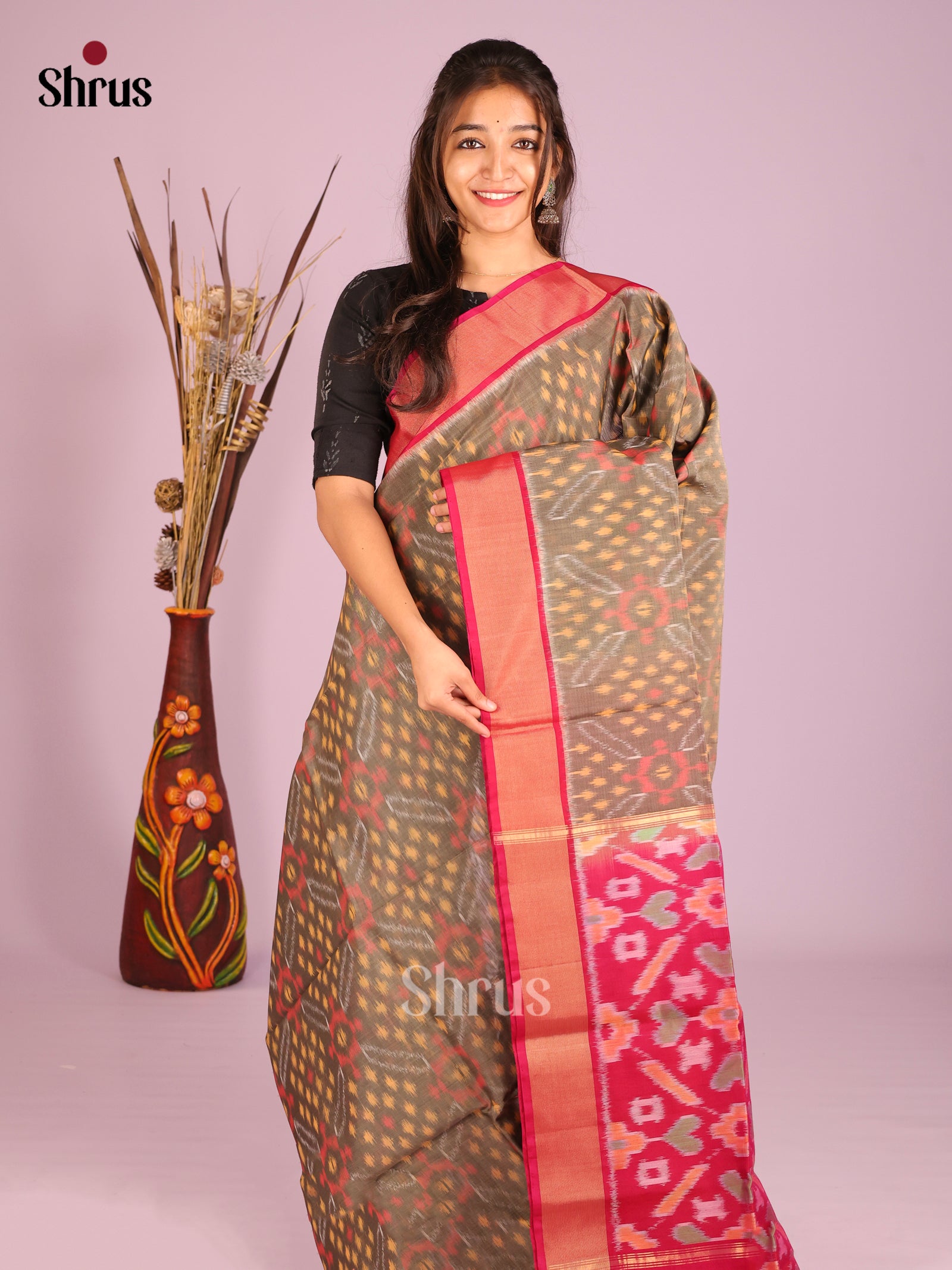 Subtle Grey Pochampally Silk Cotton Saree with Ikat Design & Red Zari Border