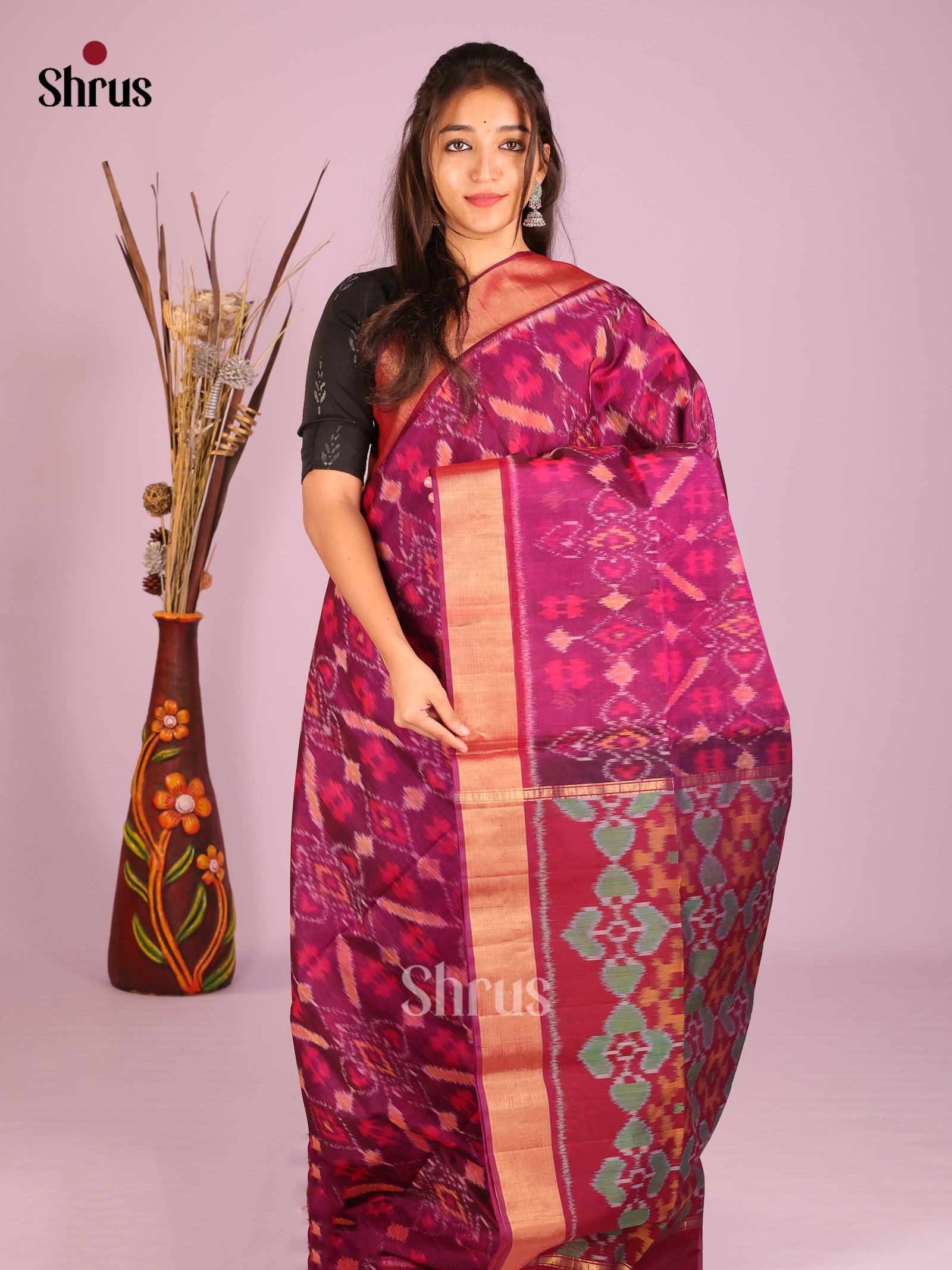 Radiant Purple Pochampally Silk Cotton Saree with Ikat Prints & Zari Maroon Border - Shop on Shrus.com