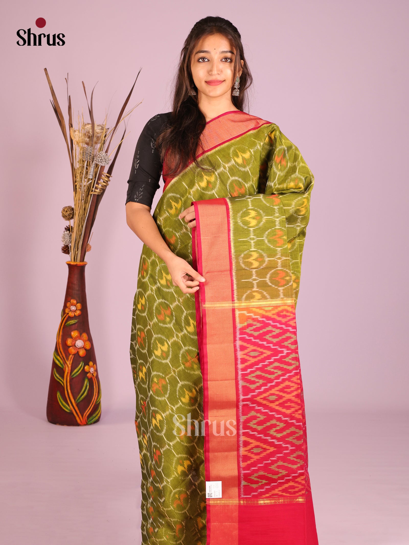 Enchanting Olive Green Pochampally Silk Cotton Saree & Red Zari Border