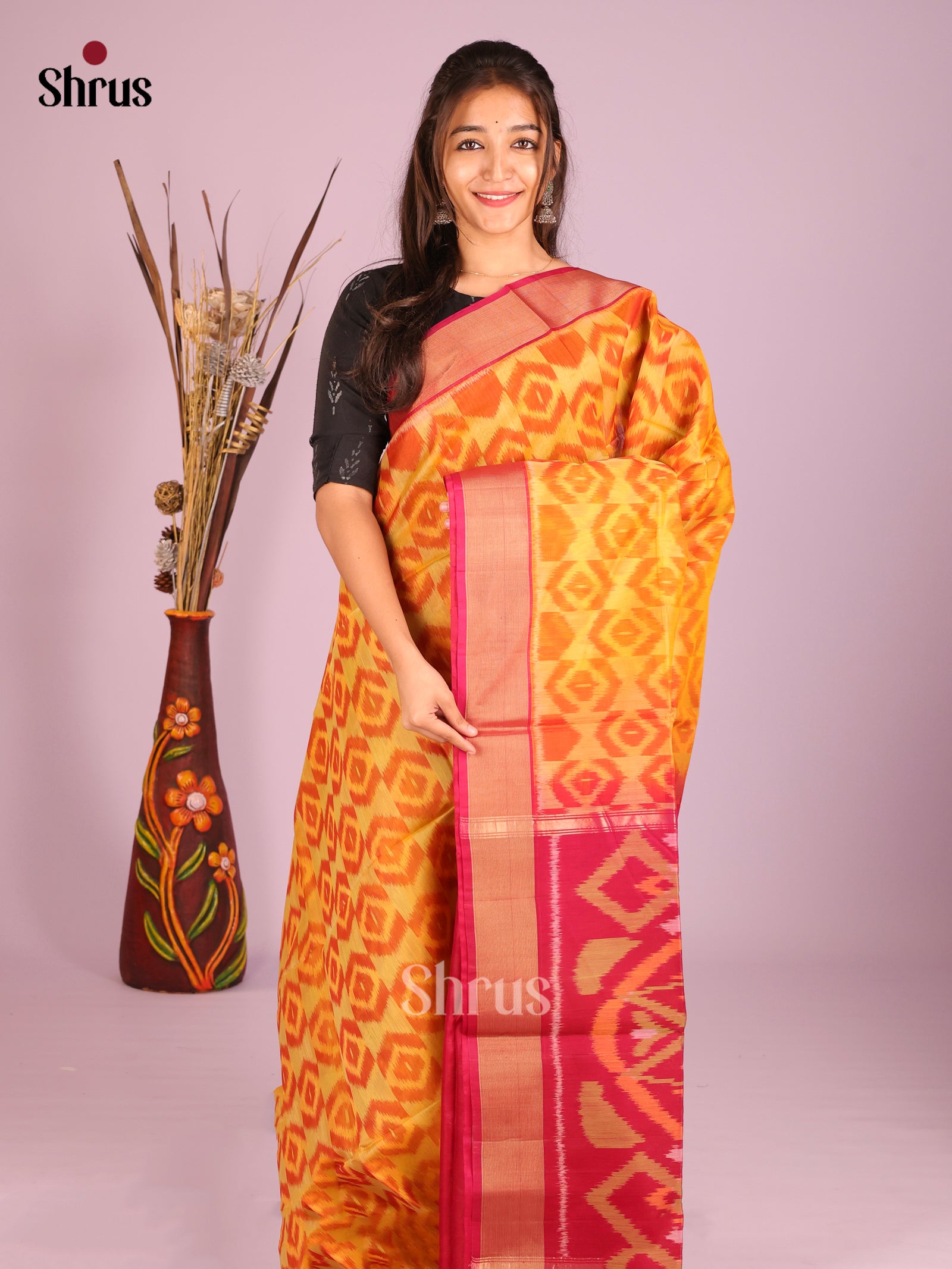 Mustard & Red- Pochampally sico Saree - Shop on Shrus.com