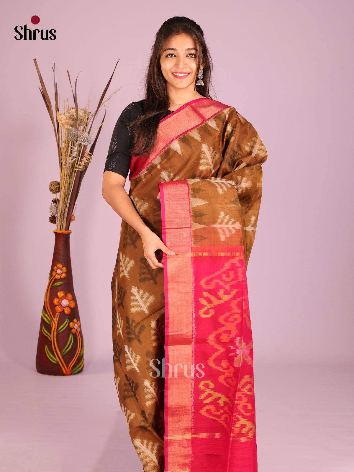 Charming Brown Pochampally Saree In Silk Cotton With Pink Zari Border