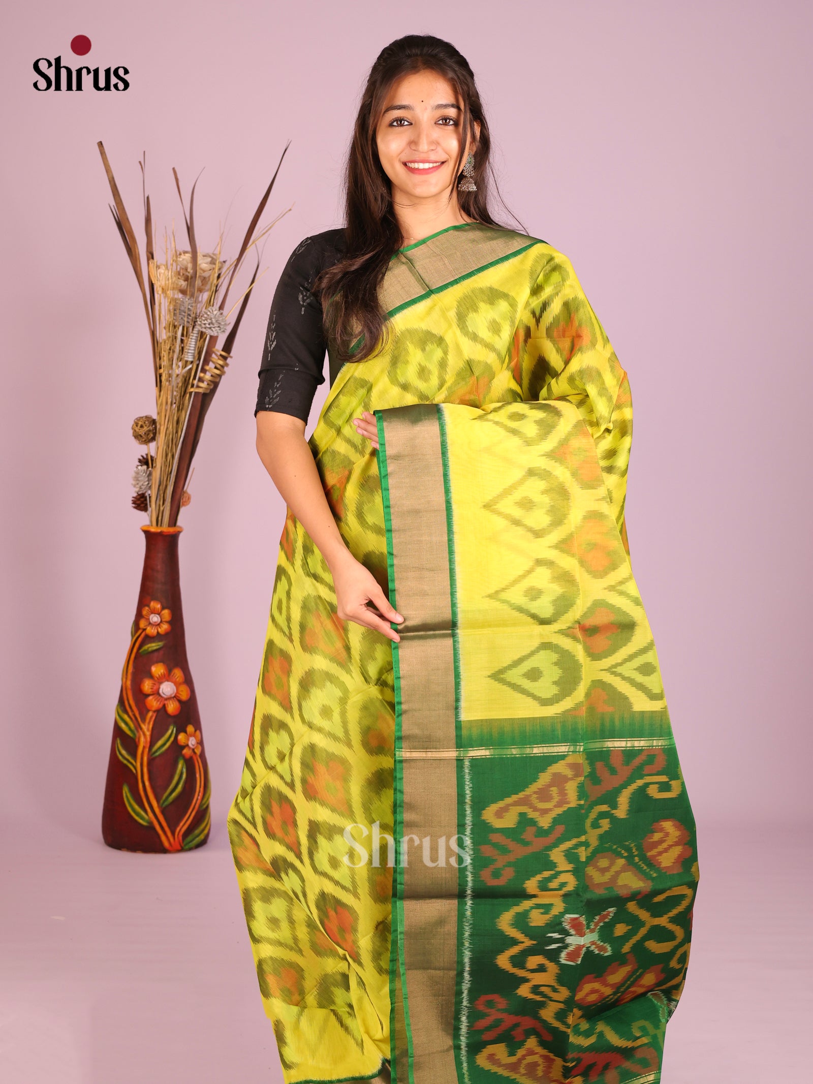 Yellow & Green - Pochampally sico Saree