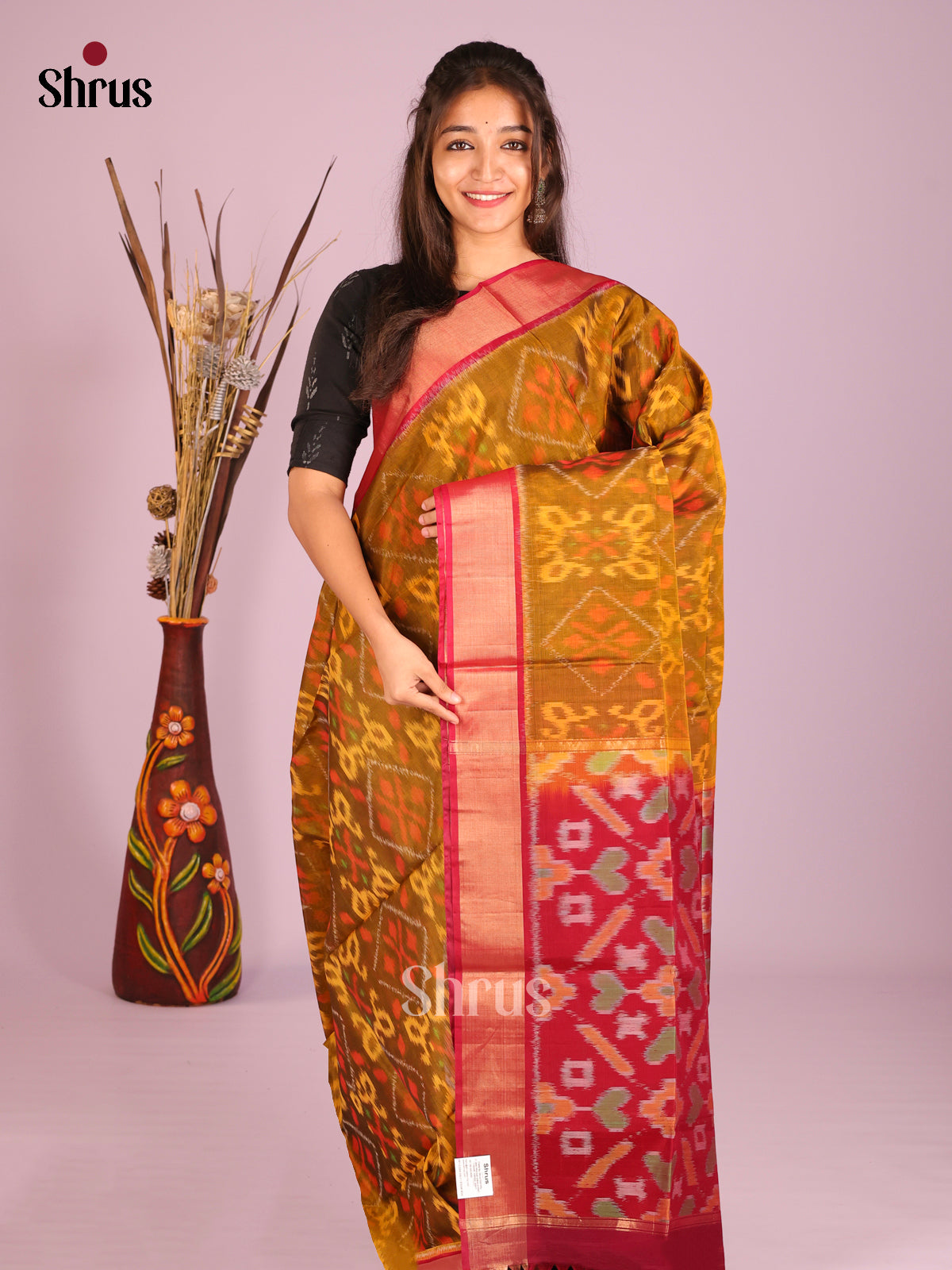 Glowing Mustard Pochampally Silk Saree With Zari Woven Maroon Border