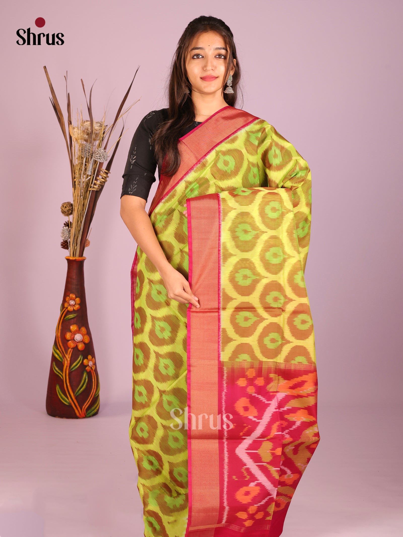 Luminous Lime Green Silk Cotton Saree With Ikkat Pattern & Fuchsia Zari Border