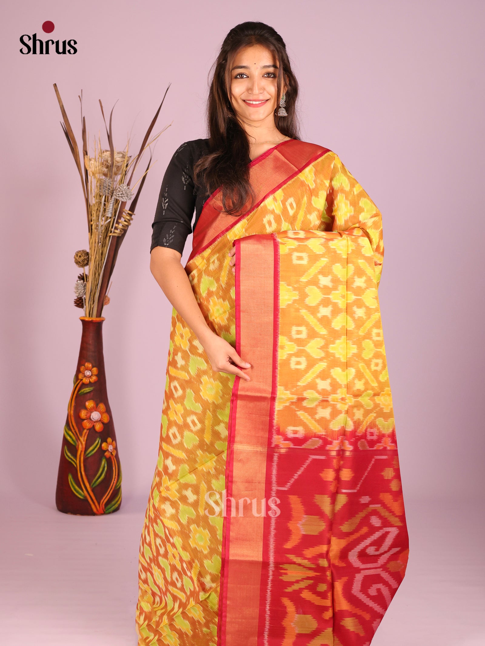 Mustard & Red - Pochampally sico Saree - Shop on Shrus.com