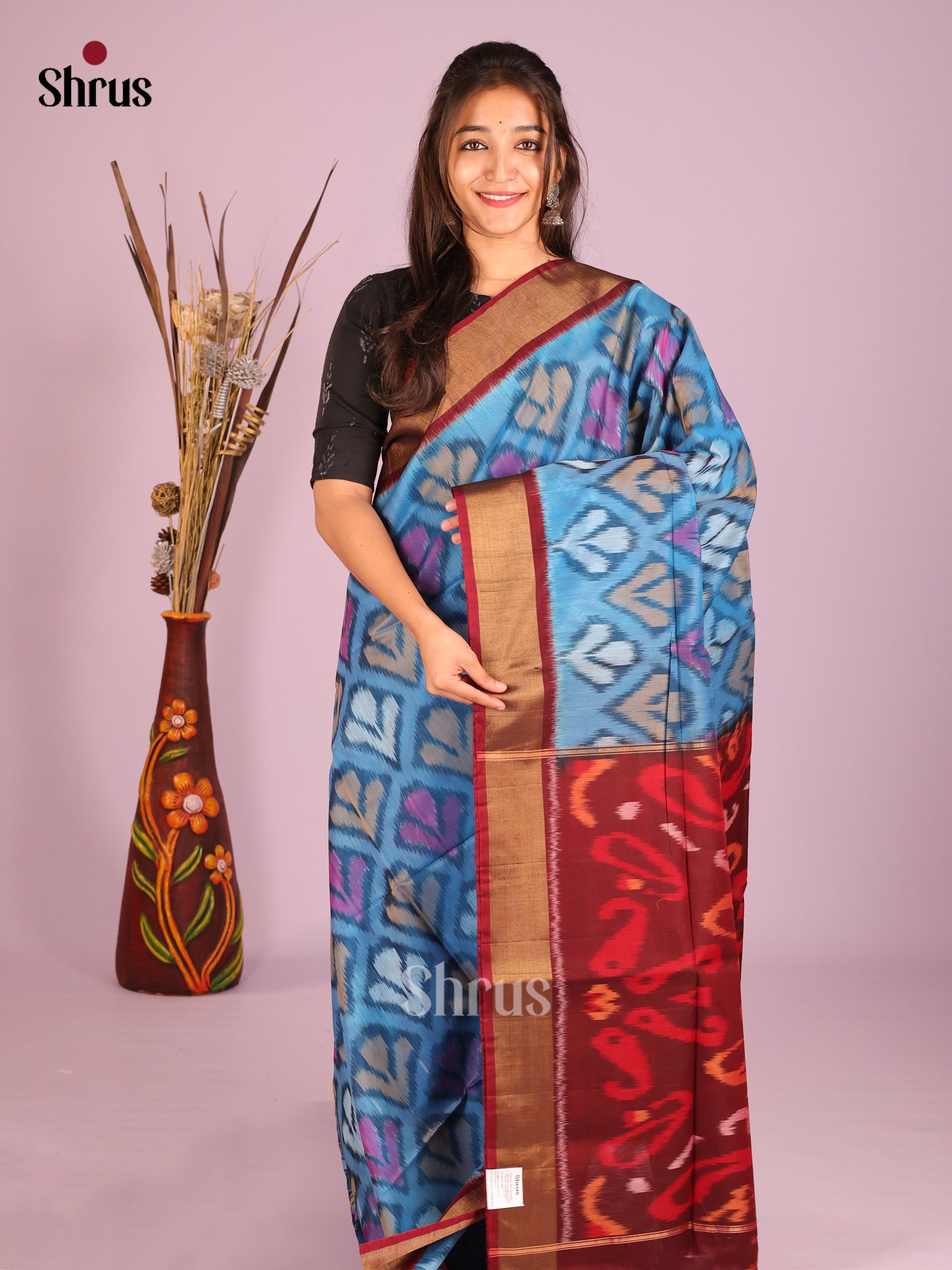 Serene Blue Pochampally Silk Cotton Saree with Maroon Ikat Border