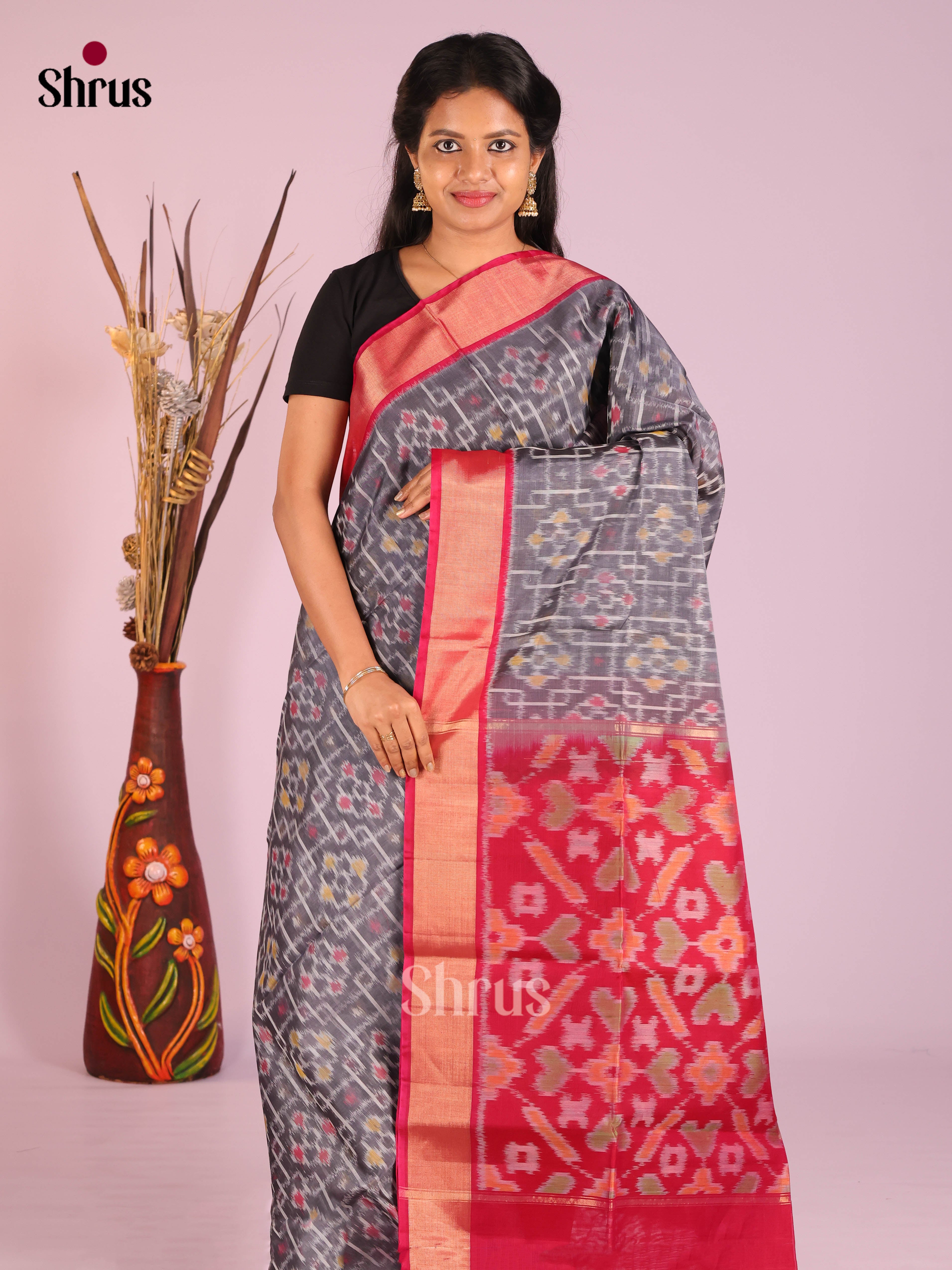 Chic Grey Pochampally Silk Cotton Saree with Ikat Weave & Red Zari Border