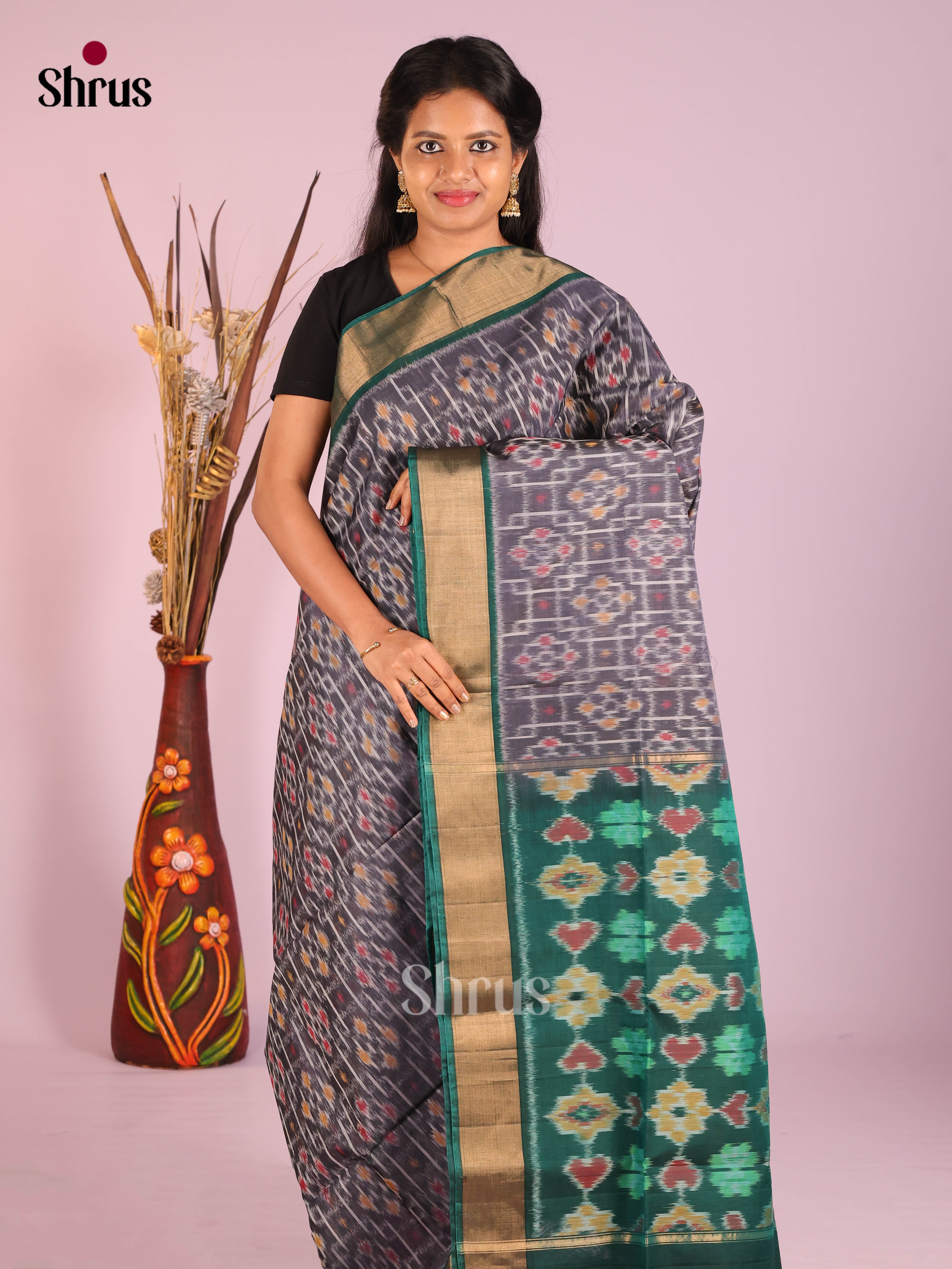 Grey & Green - Pochampally sico Saree - Shop on Shrus.com