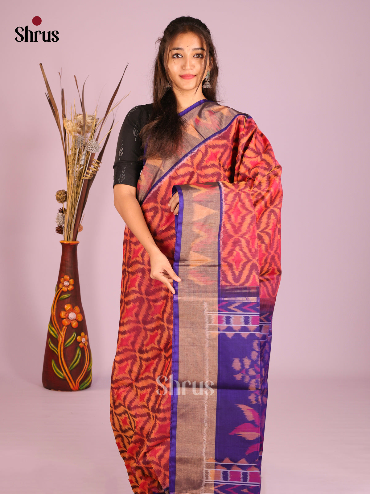Pretty Brown Pochampally Silk Cotton Saree with Blue Ikat Border - Shop on Shrus.com