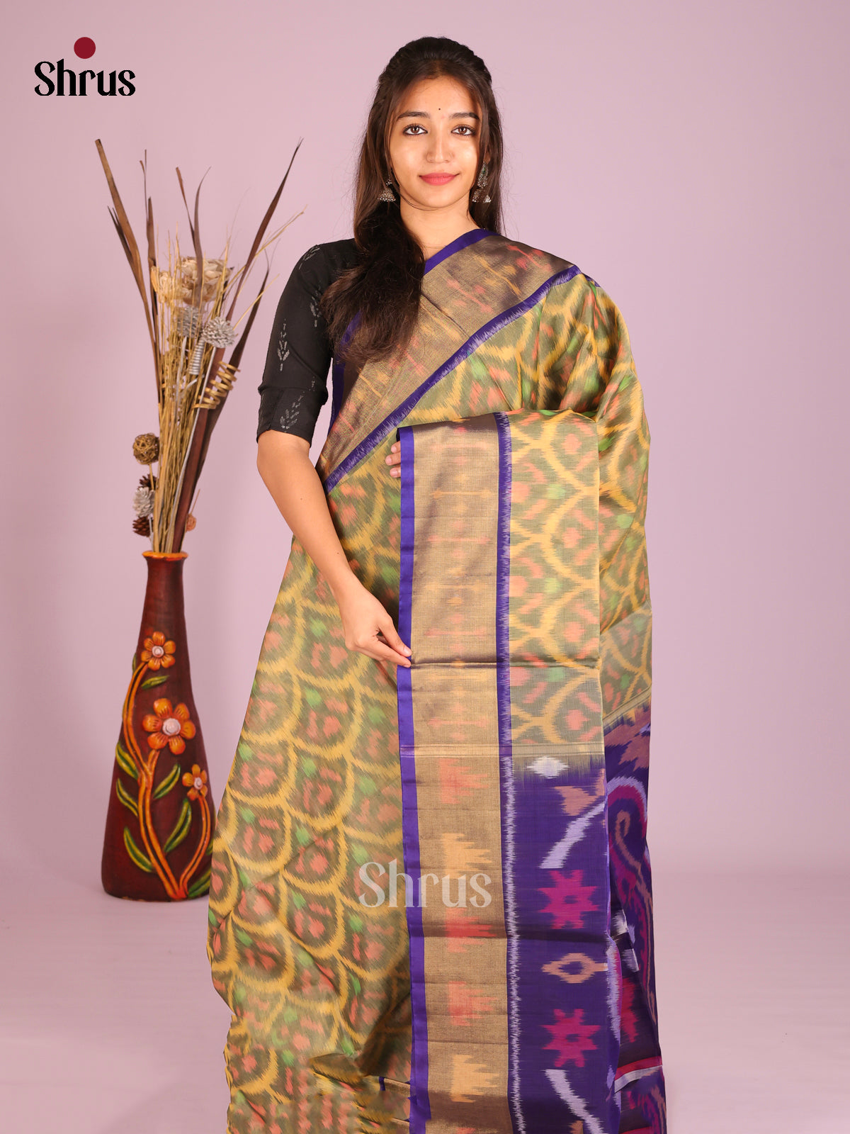 Lovely Beige Pochampally Saree In Silk Cotton With Deep Purple Ikkat PAllu