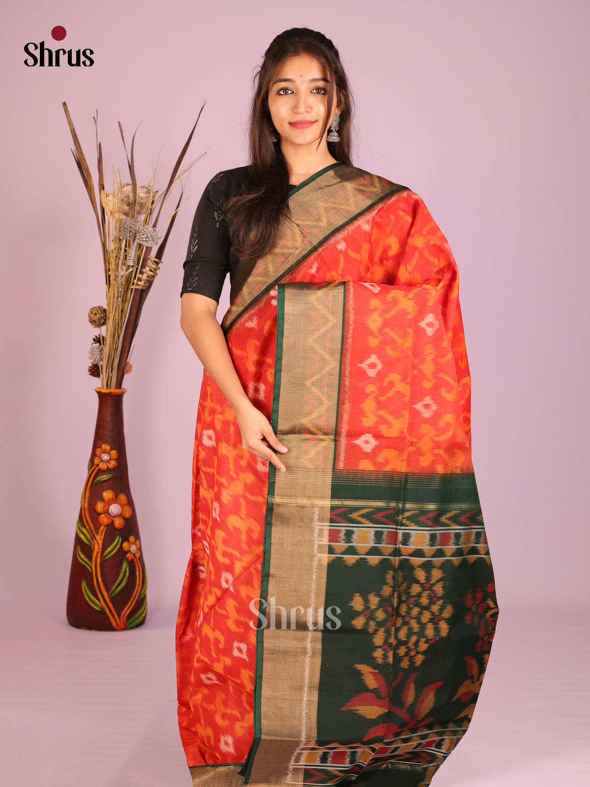 Orange & Green - Pochampally sico Saree - Shop on Shrus.com