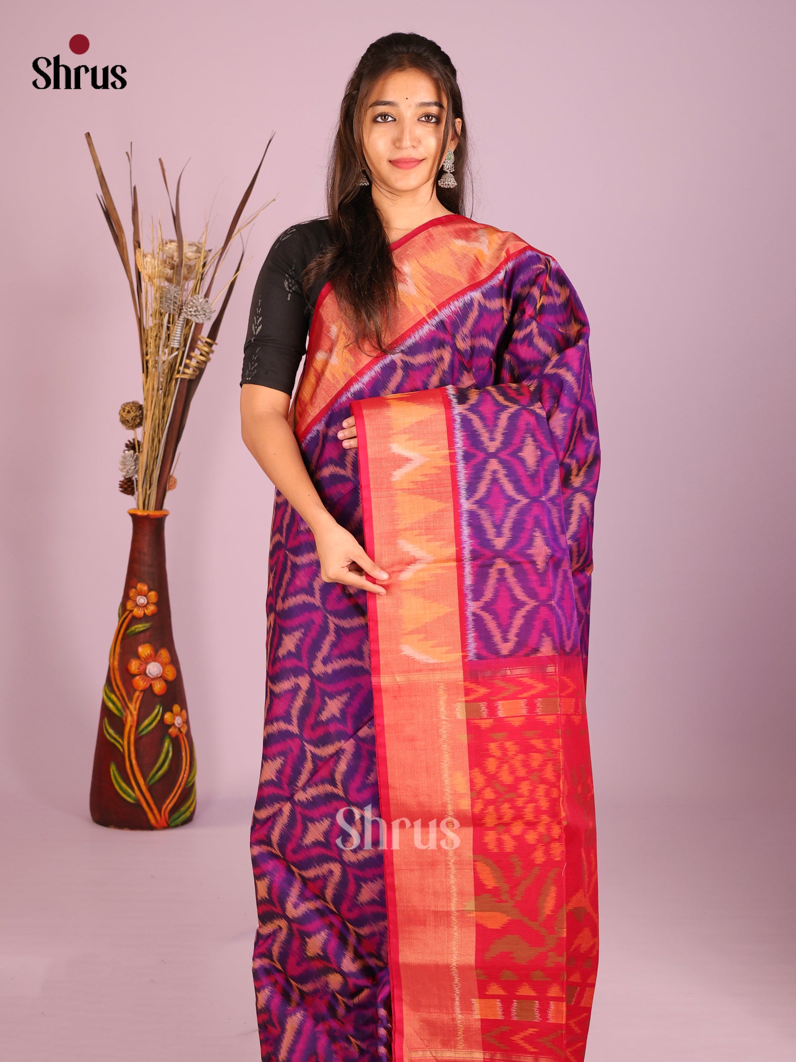 Cute Purple Silk Cotton Saree With Pochampally Prints & Red Ikkat Border