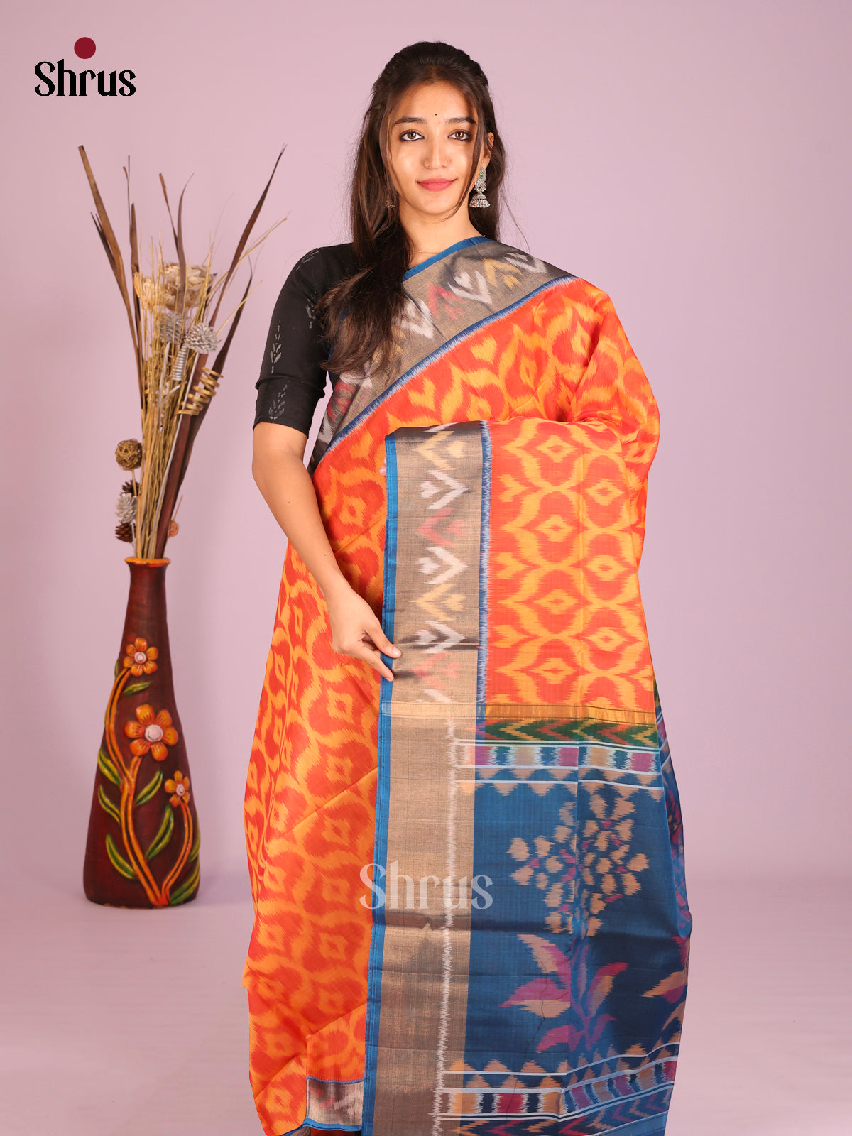 Luminous Orange Silk Cotton Saree With Pochampally Pattern & Blue Ikkat Border