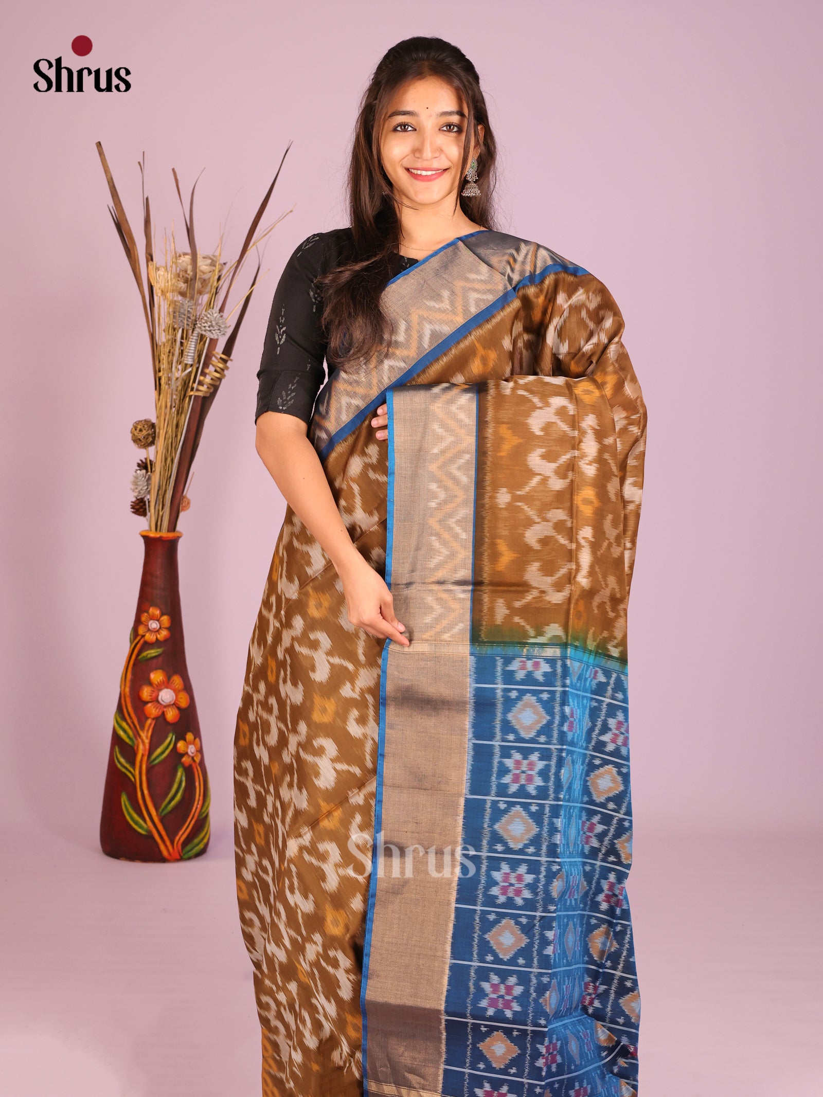 Brown & Blue - Pochampally sico Saree