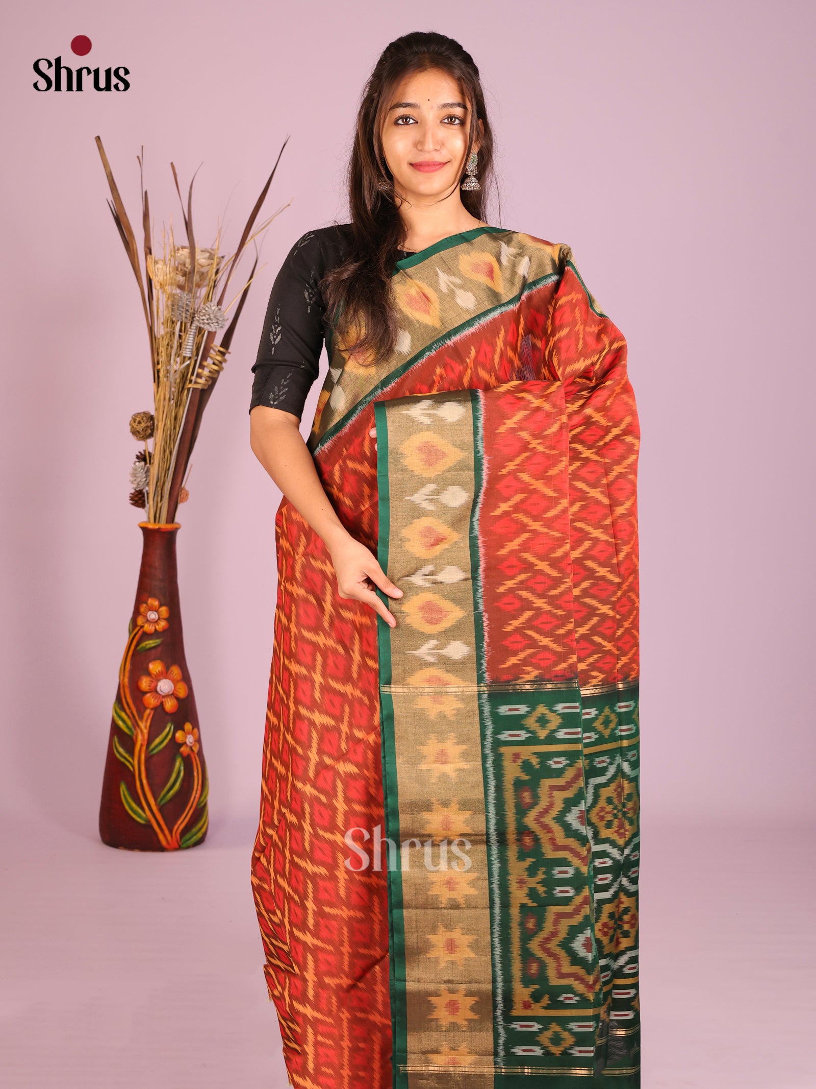 Elegant Brick Pochampally Silk Cotton Saree with Floral Motifs & Green Ikkat Pallu