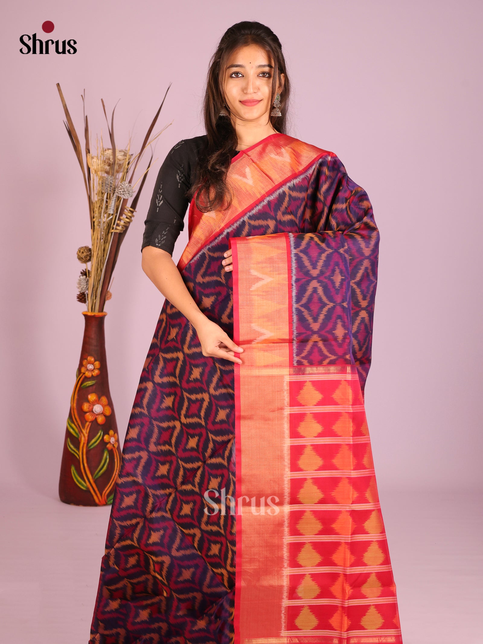 Opulent Deep Purple Pochampally Saree In Silk Cotton With Red Zari Border