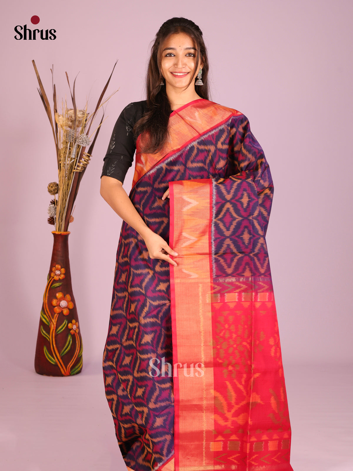 Striking Deep Purple Pochampally Saree In Silk Cotton With Red Zari Border