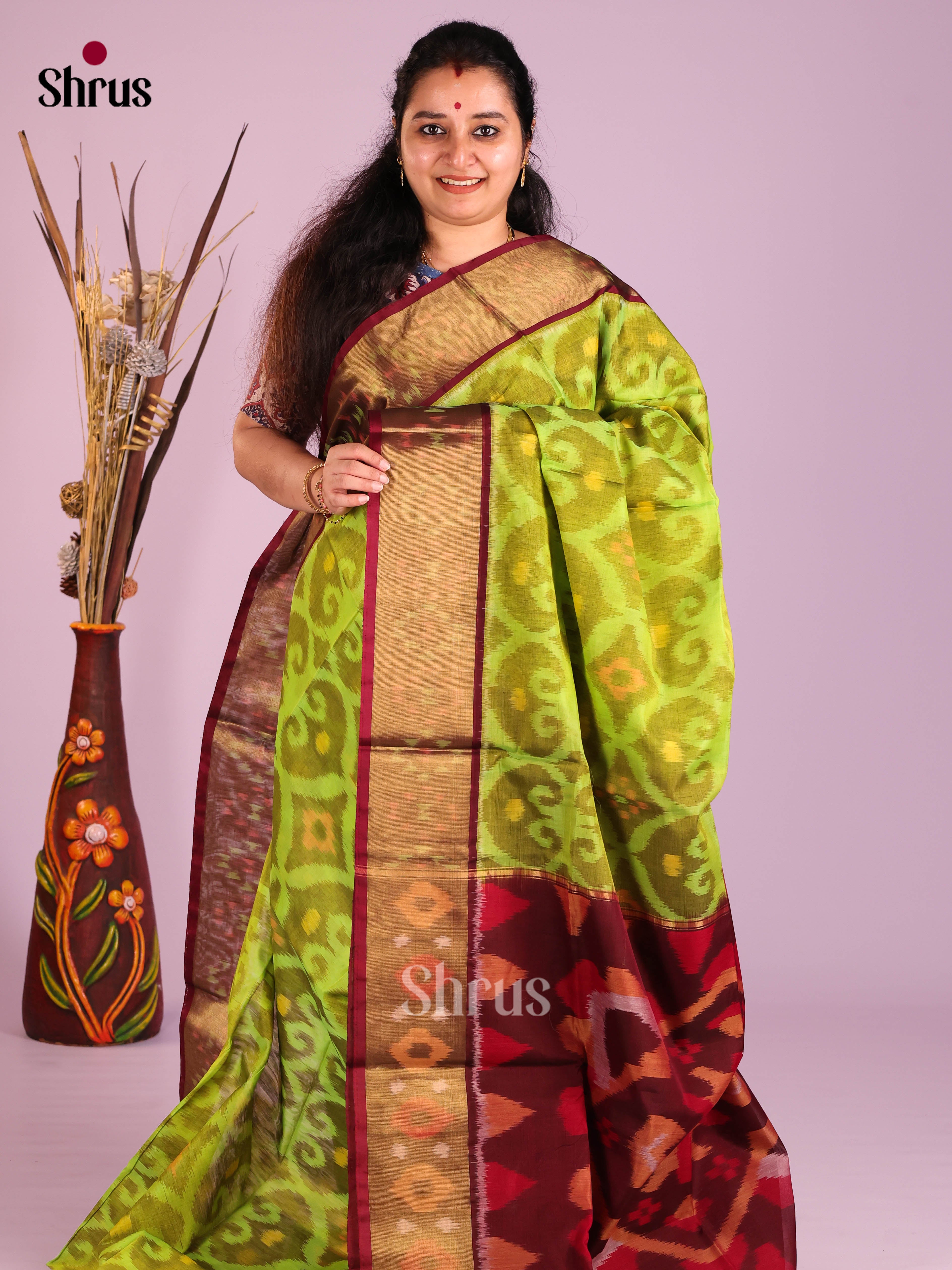 Light Green & Maroon - Pochampally sico Saree - Shop on Shrus.com