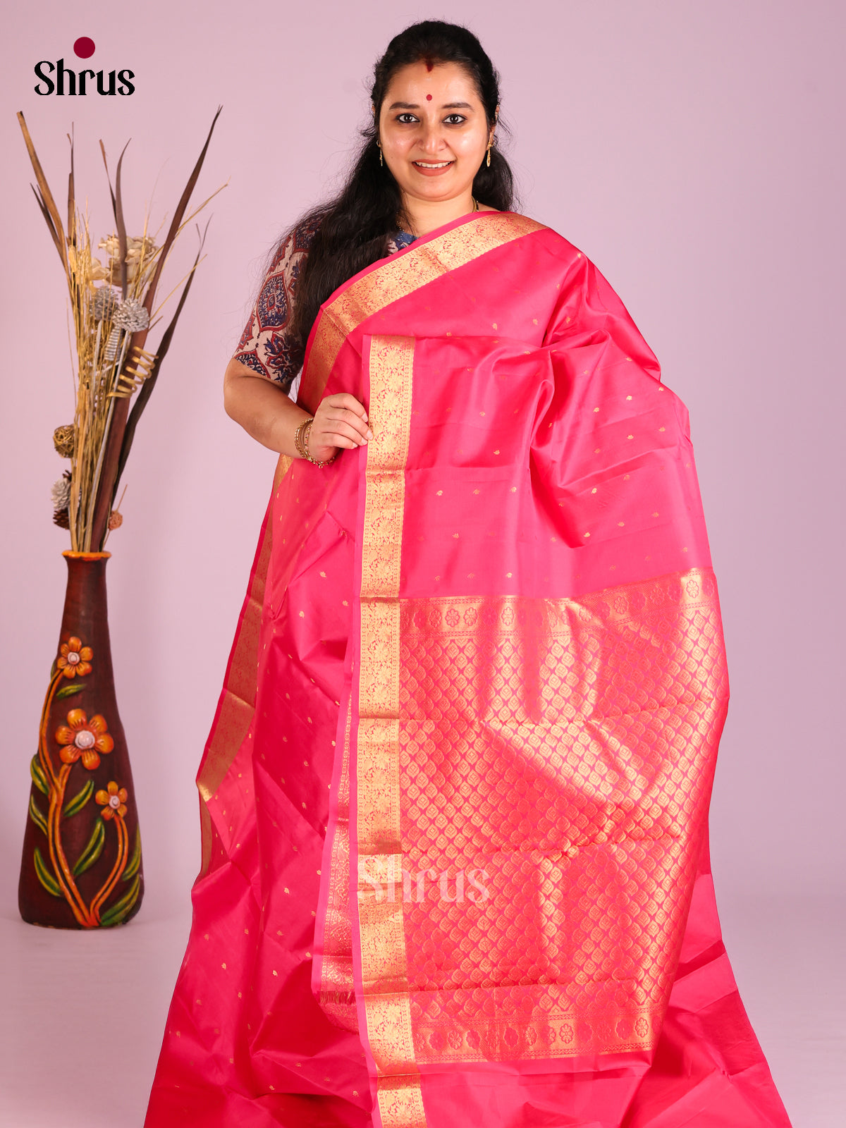 Traditional Pink Kanjivaram Saree with Golden Buttas & floral vines zari border