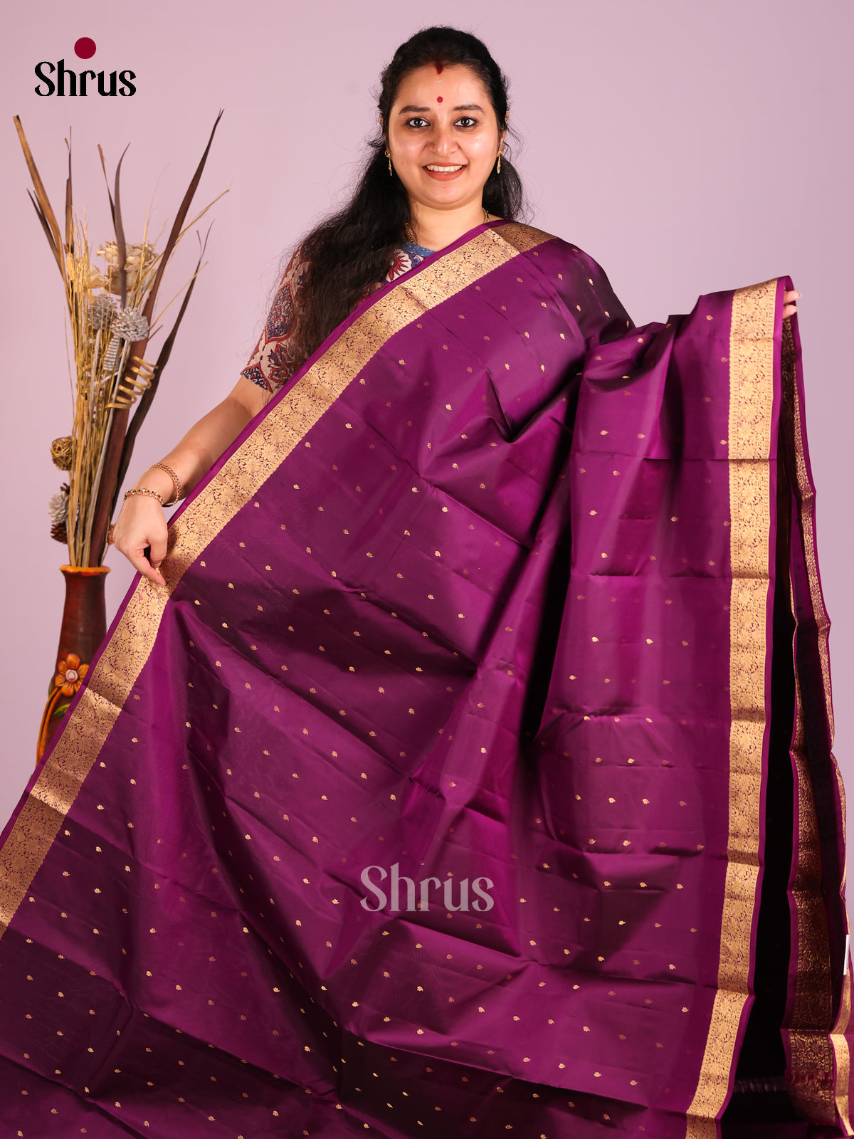 Purple single Tone Kanchipuram Butta design Saree with criss cross brocade pallu - Shop on Shrus.com