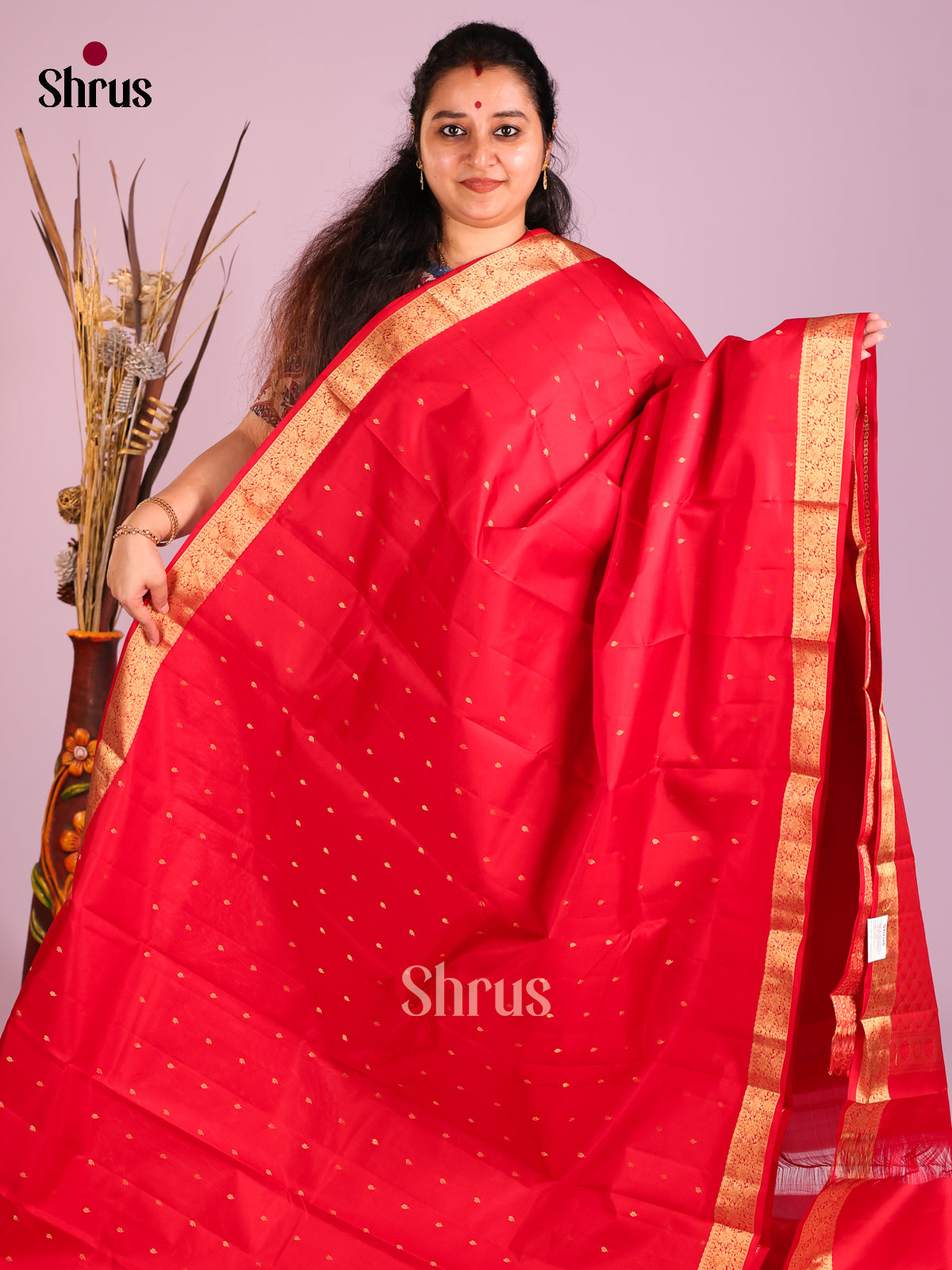 Red Single Tone Kanchipuram Butta design Saree with criss cross brocade pallu