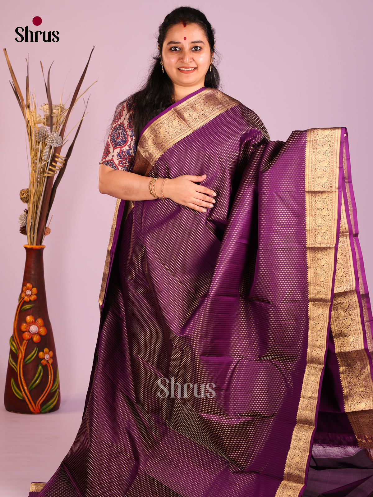 Violet Single Tone Kanchipuram Butta design Saree with zari brocade pallu