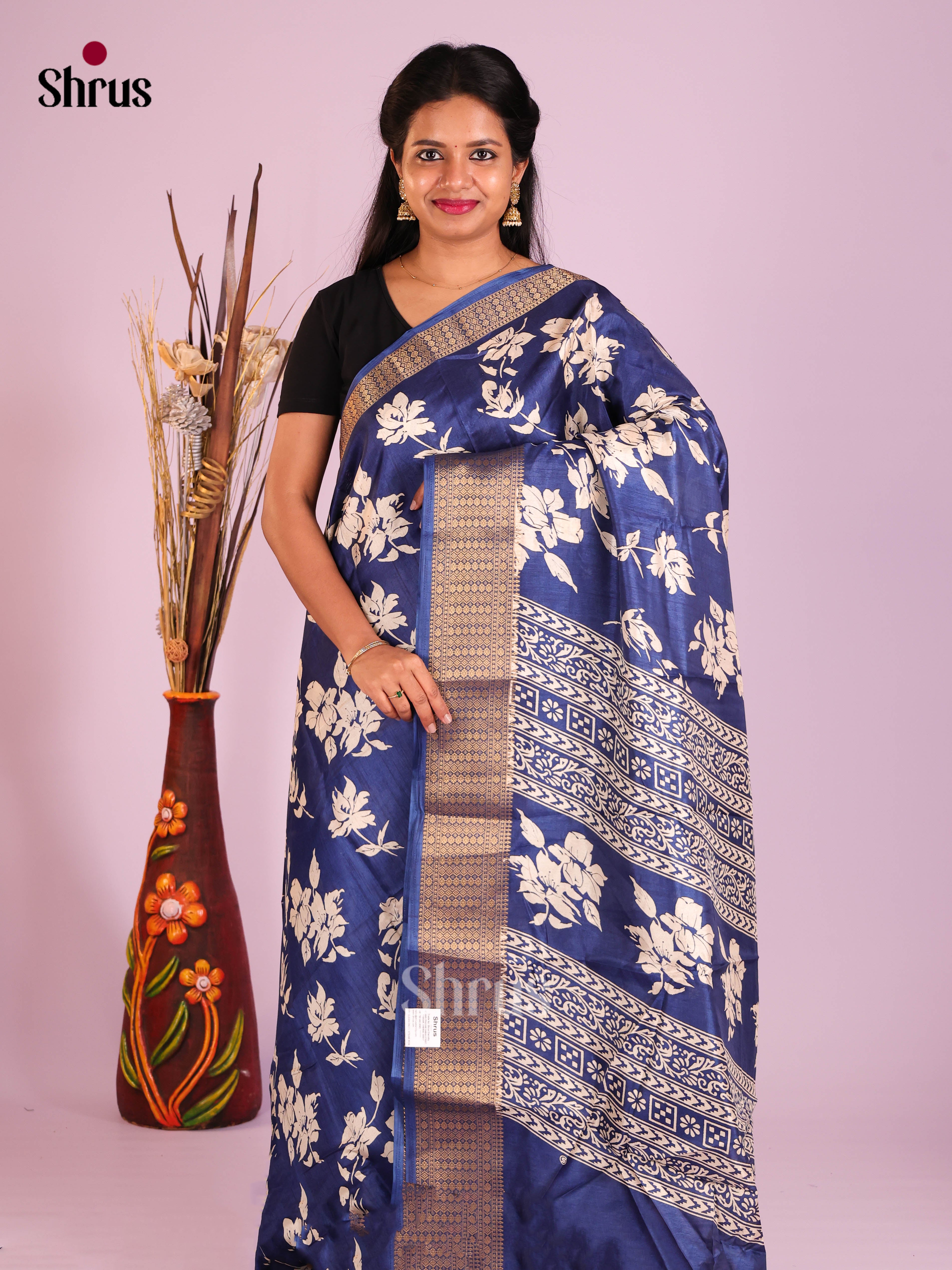 Blue - Semi Crepe Saree