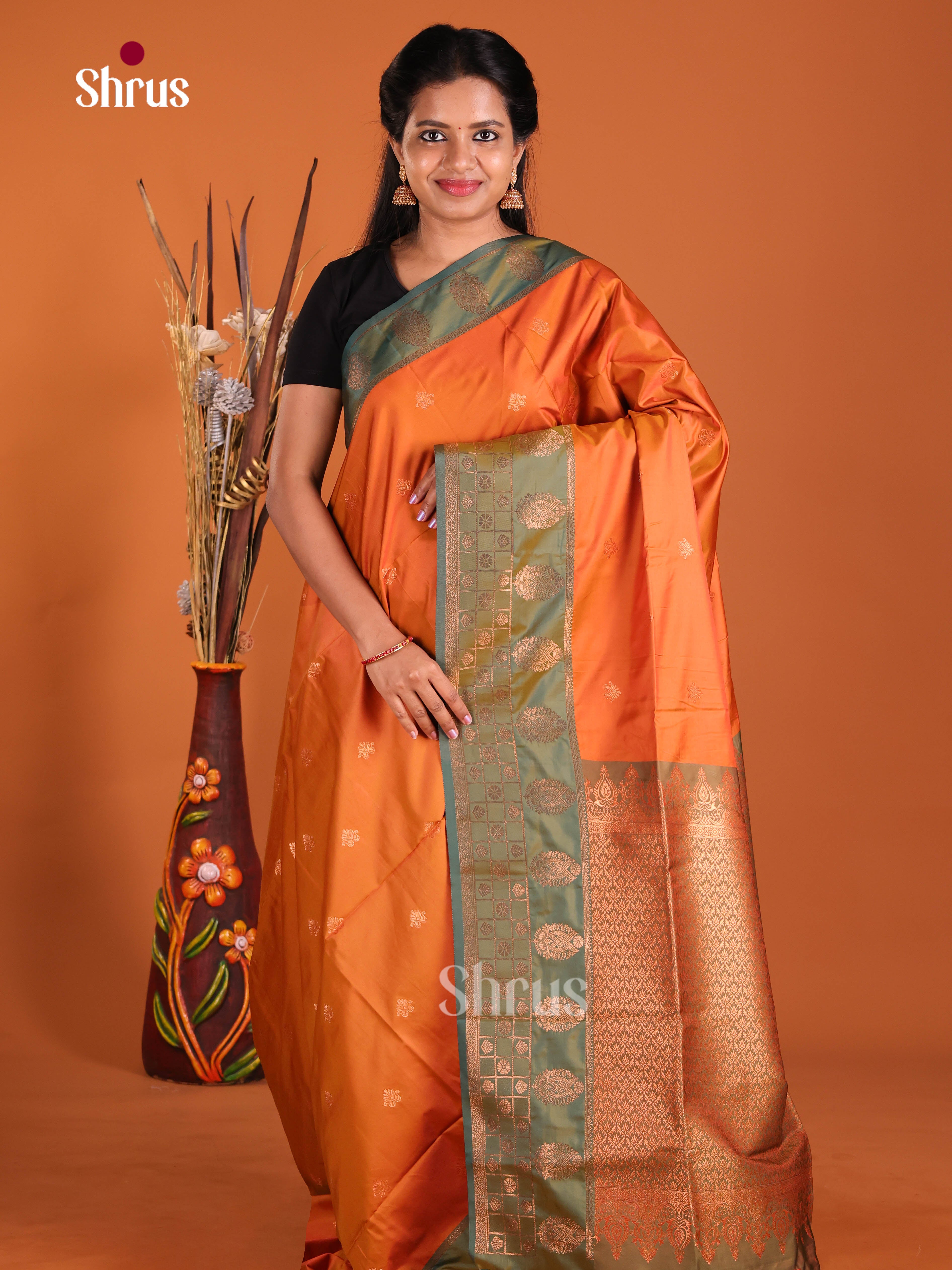 Orange & Green- Semi Softsilk Saree