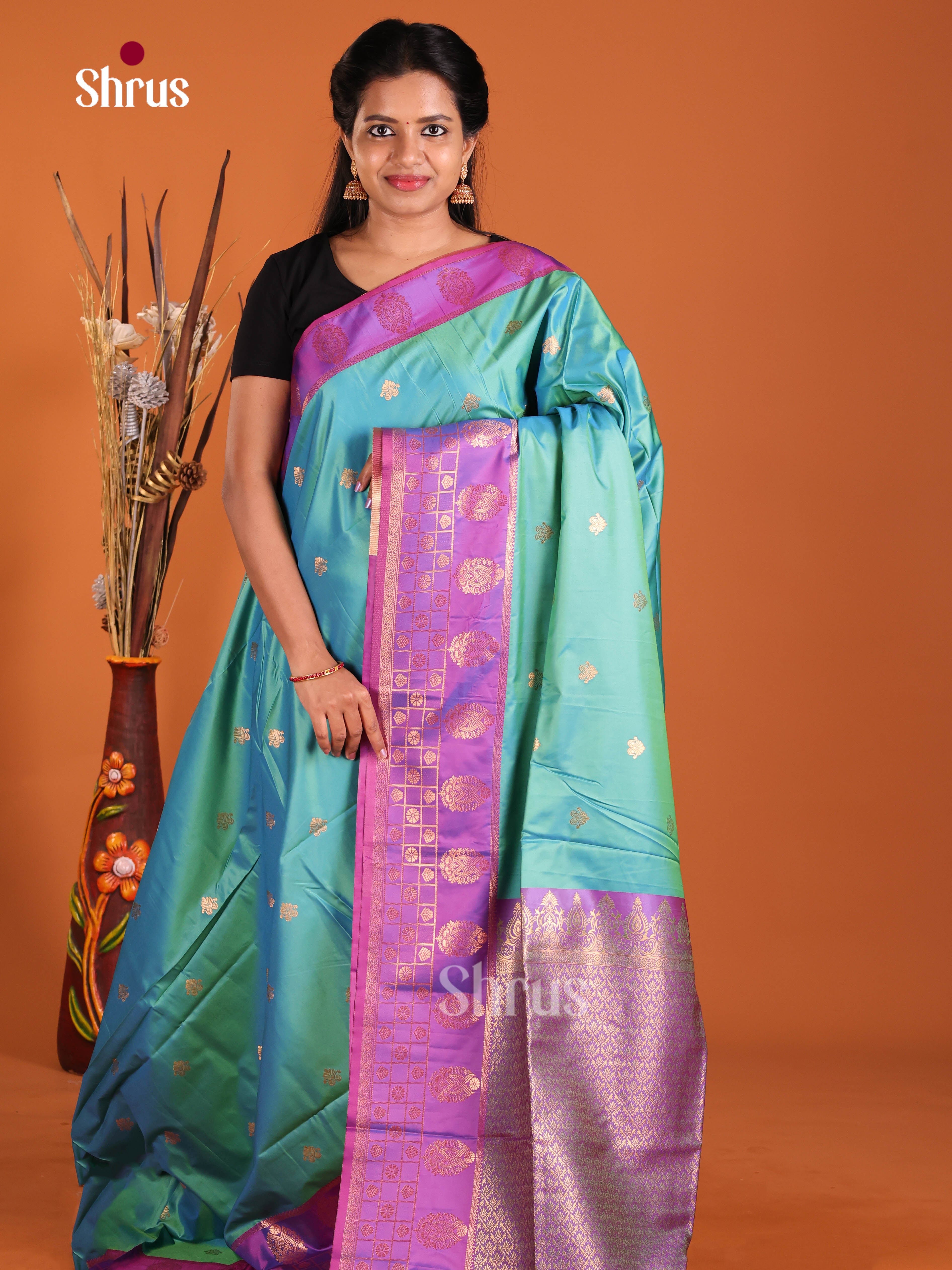 Green & Purple - Semi Softsilk Saree
