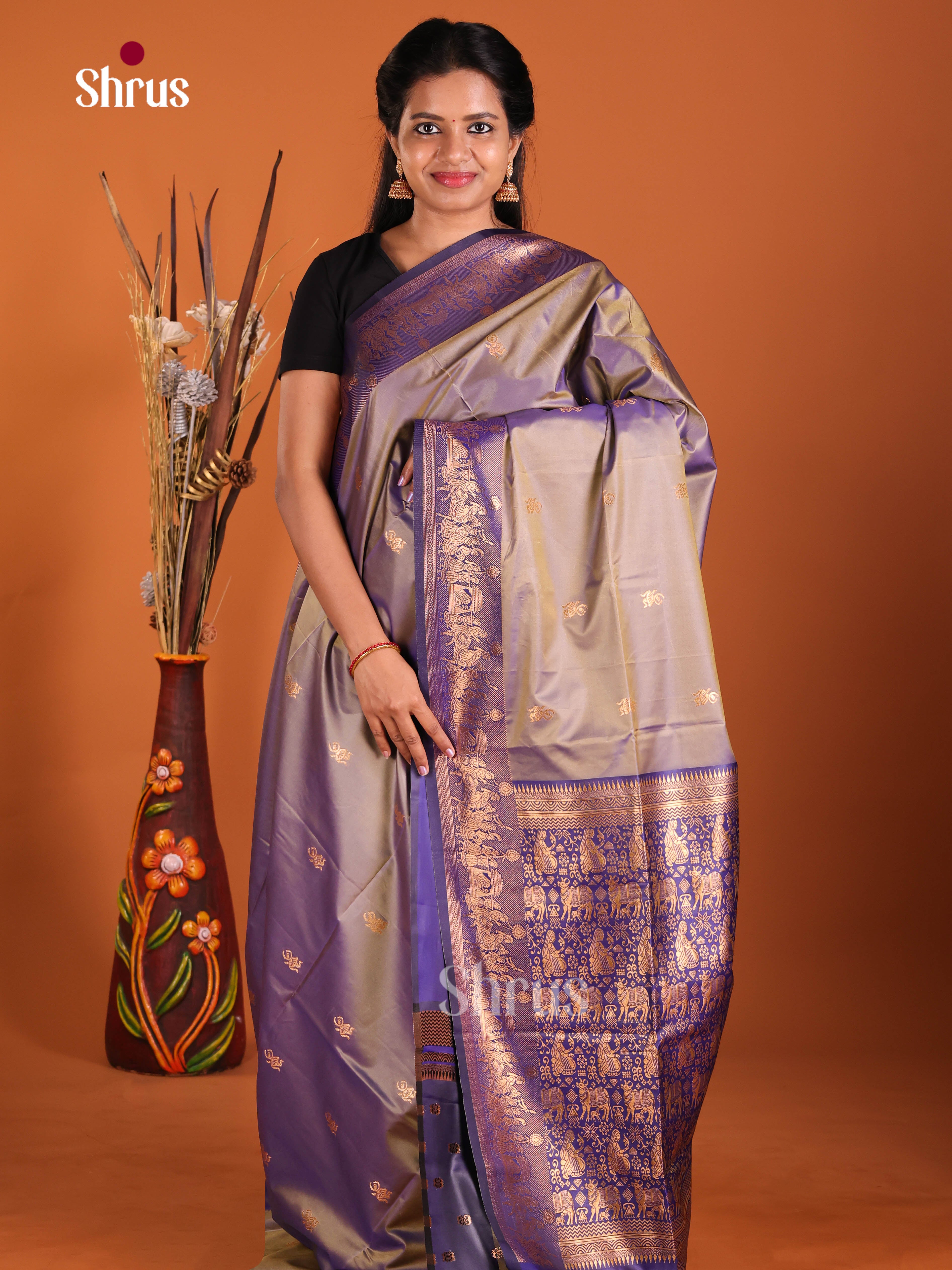 Grey & Blue - Semi Softsilk Saree