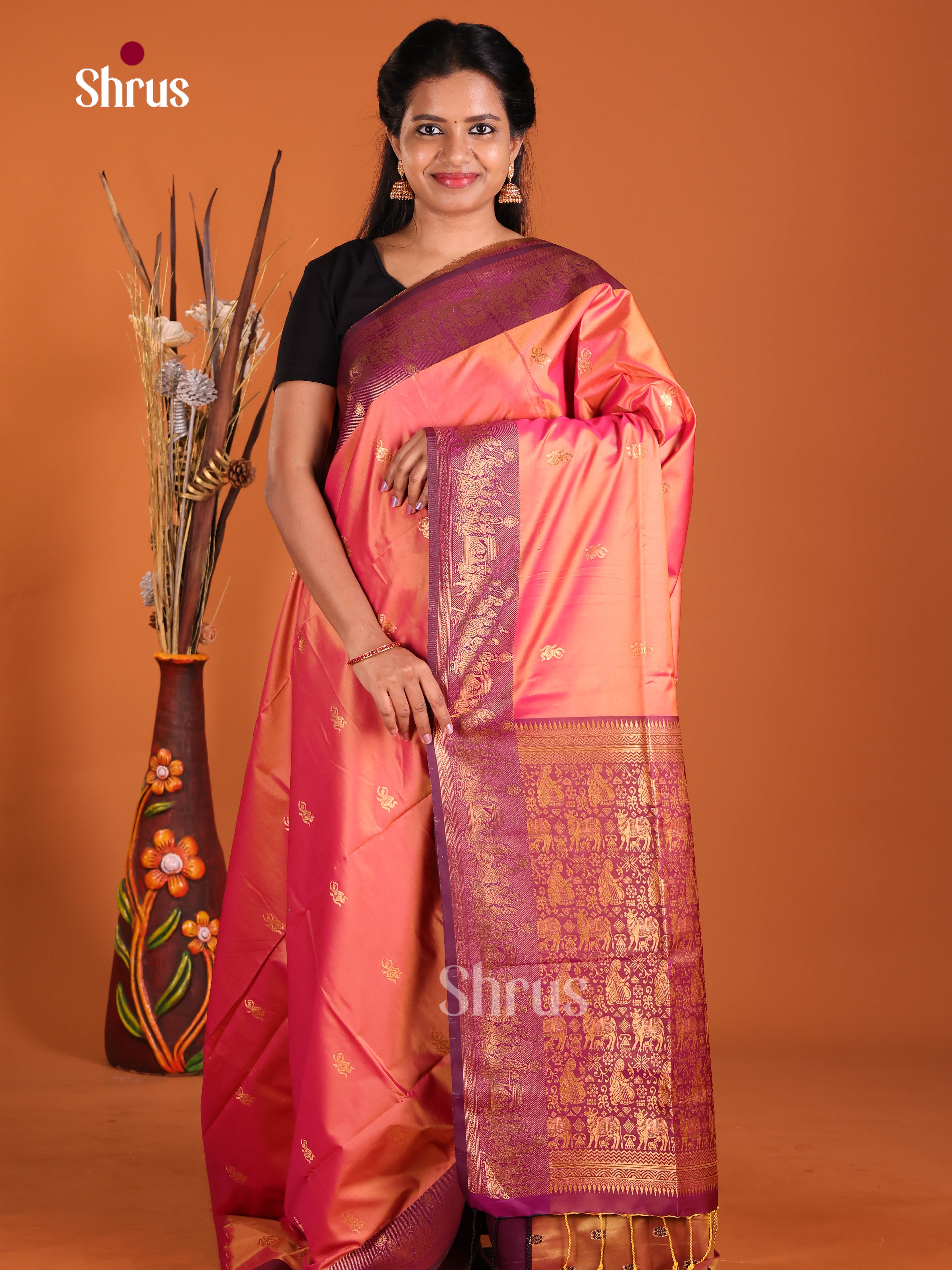 Orangish Pink & Purple - Semi Softsilk Saree
