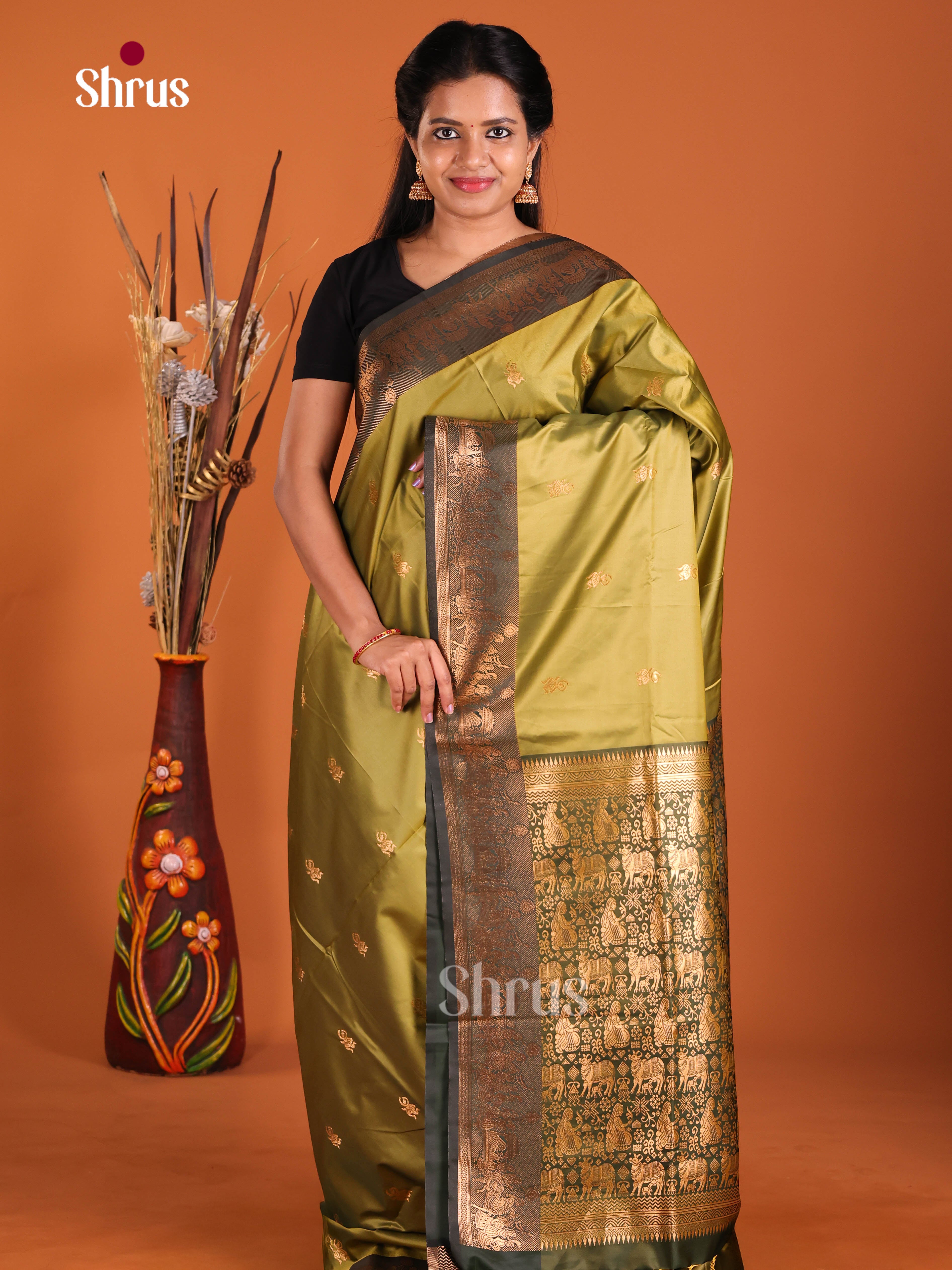 Mehandi Green & Green- Semi Softsilk Saree