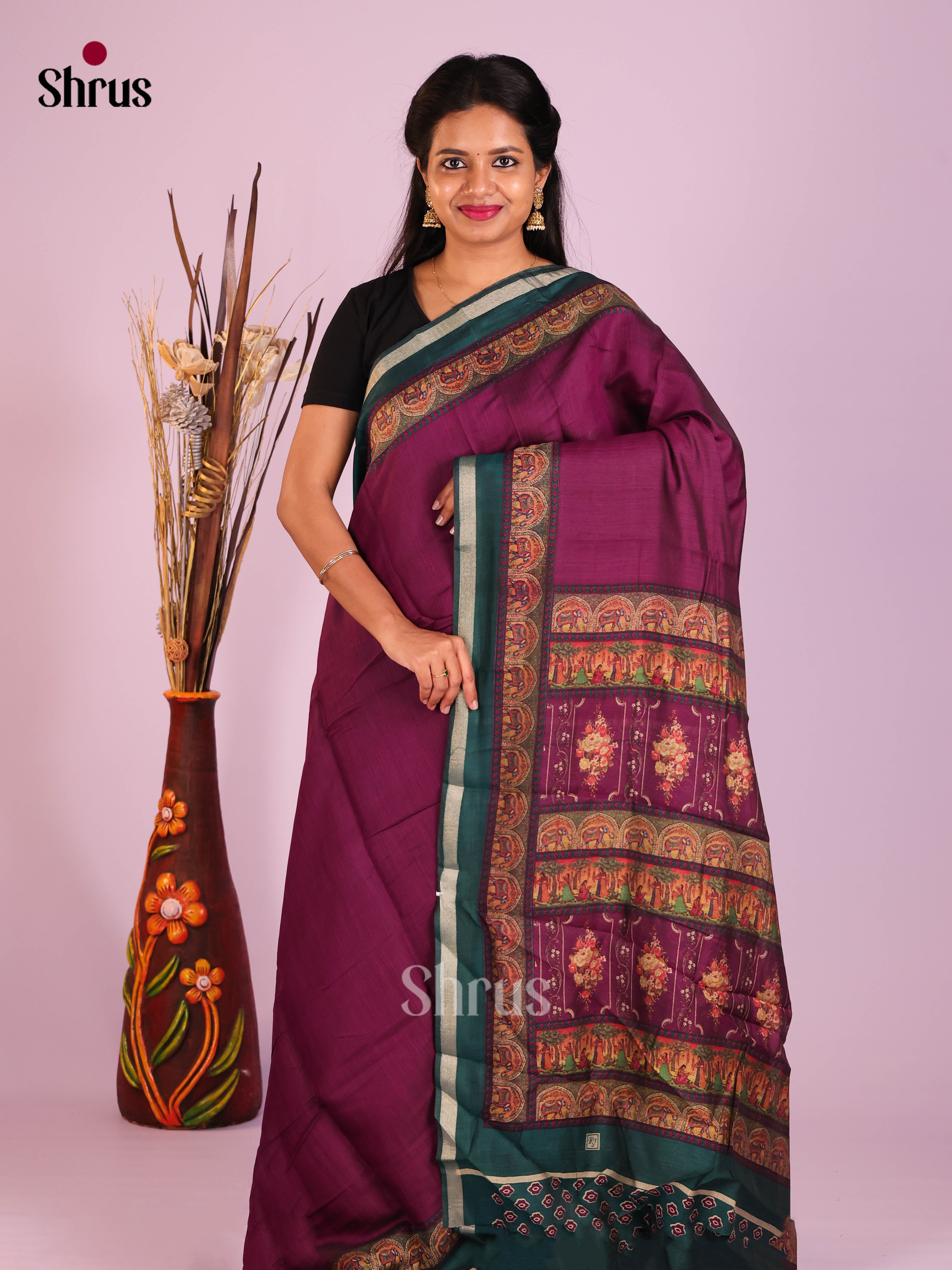 Maroon & Green - Art Modal Saree - Shop on Shrus.com
