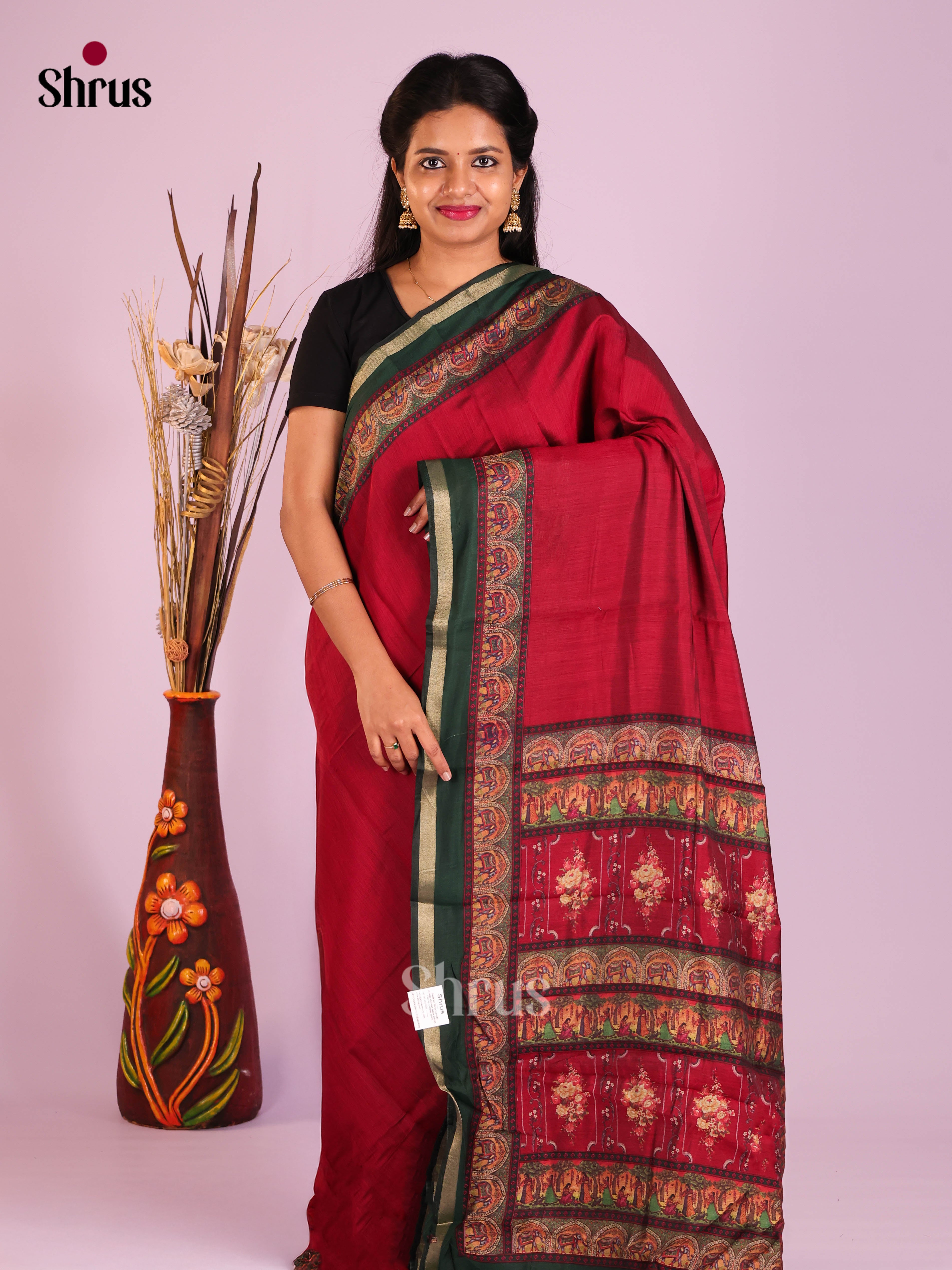 Red & Green- Art Modal Saree - Shop on Shrus.com