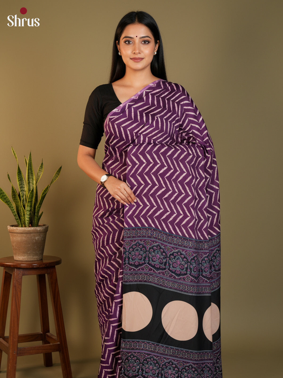 Purple & Black - Semi Modal Saree - Shop on Shrus.com