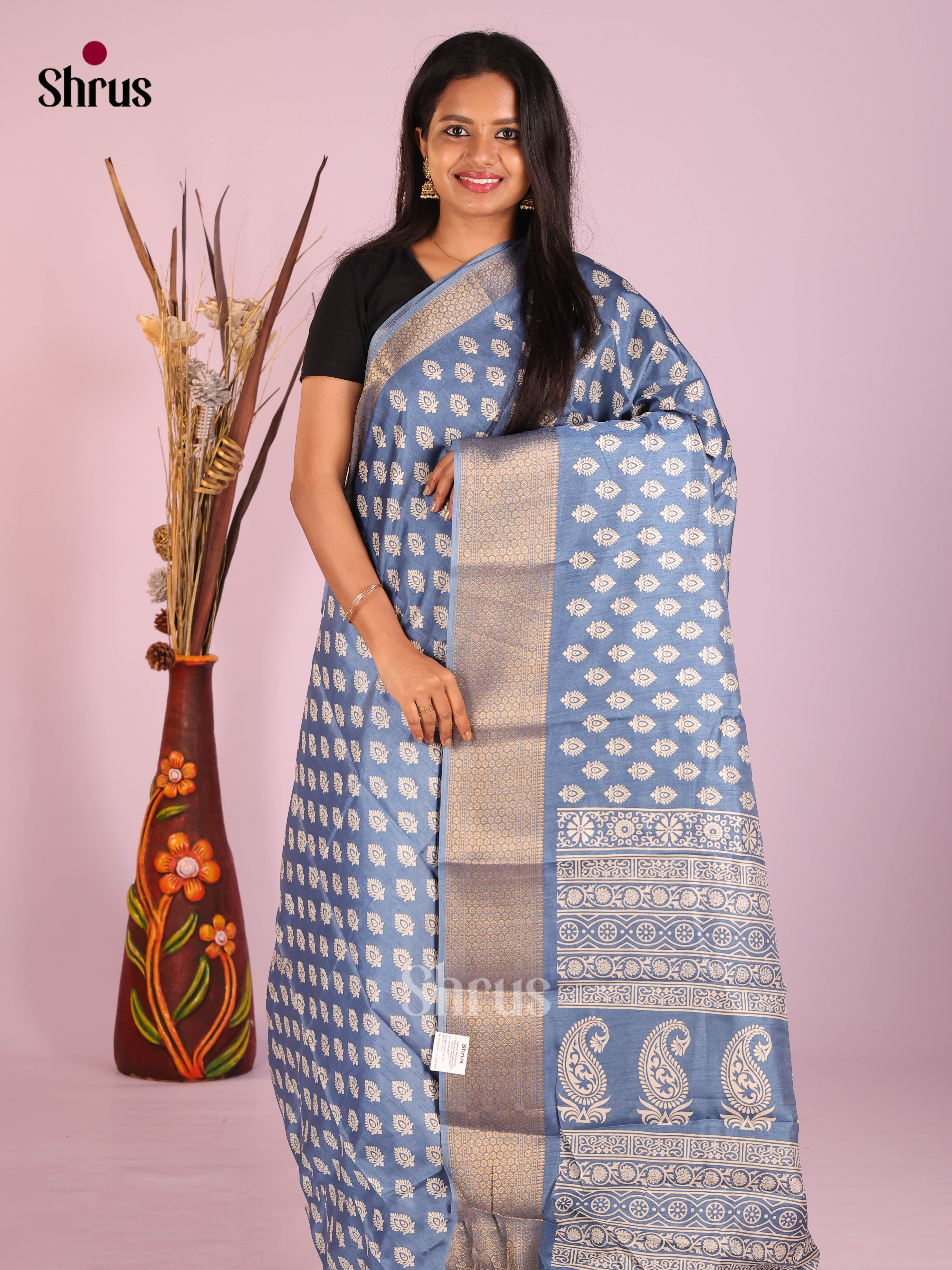 Blue - Semi Crepe Saree