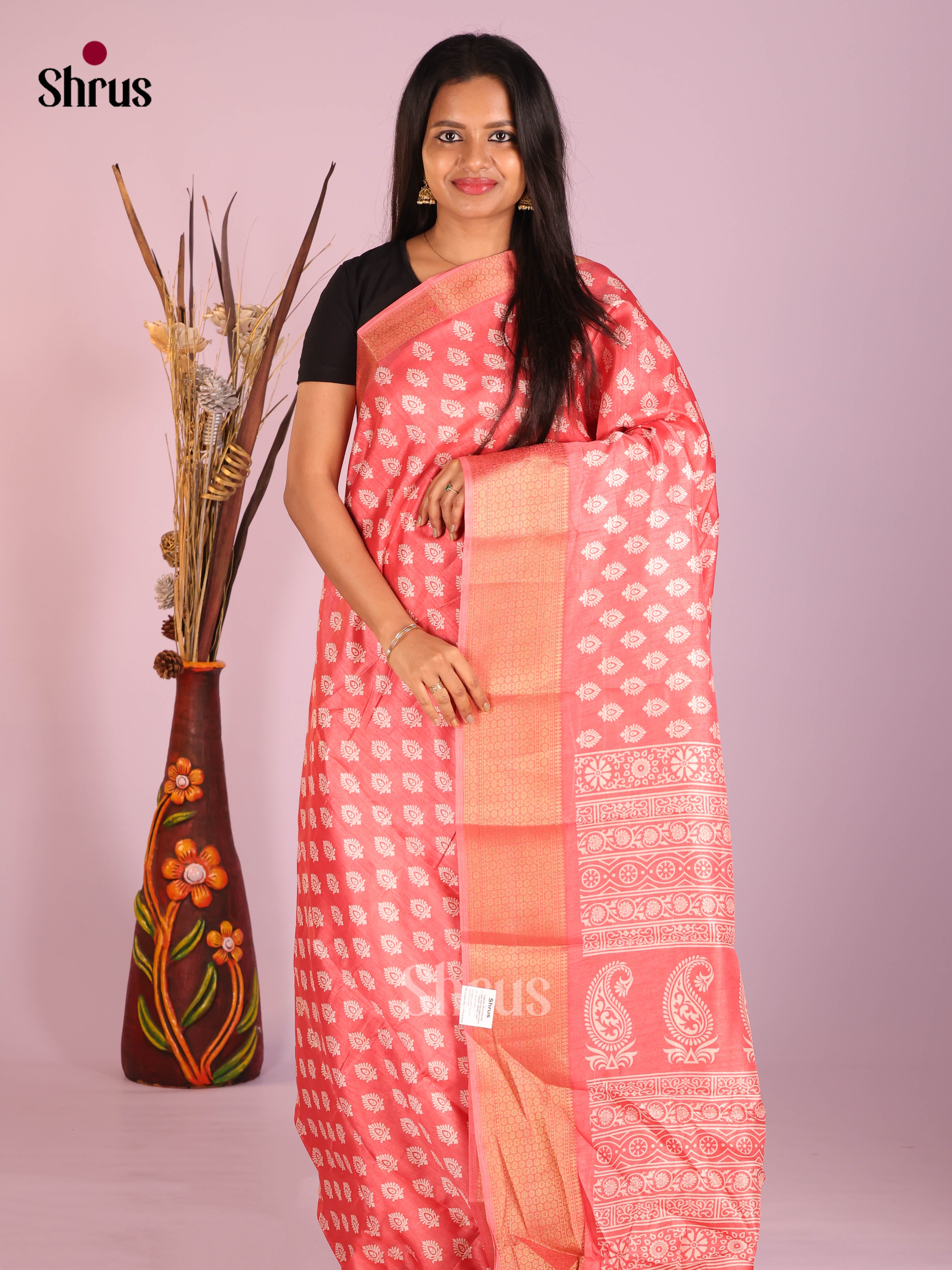 Peachish Pink- Semi Crepe Saree - Shop on Shrus.com