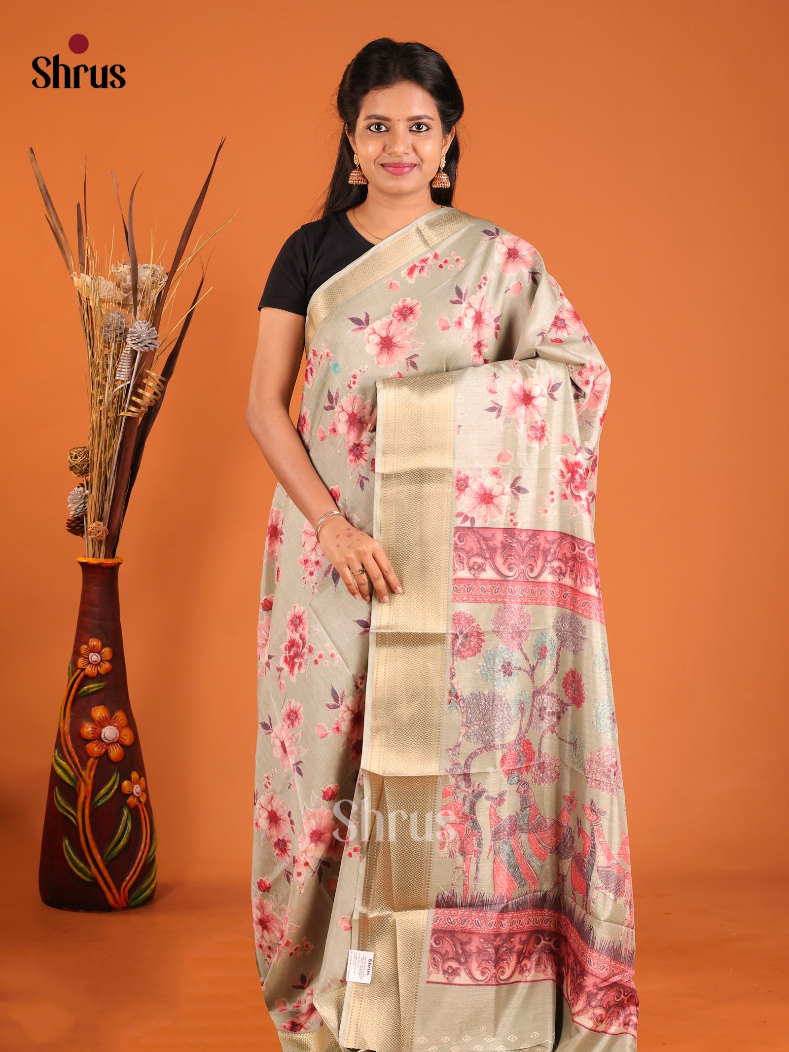 Grey Green - Semi Crepe Saree - Shop on Shrus.com