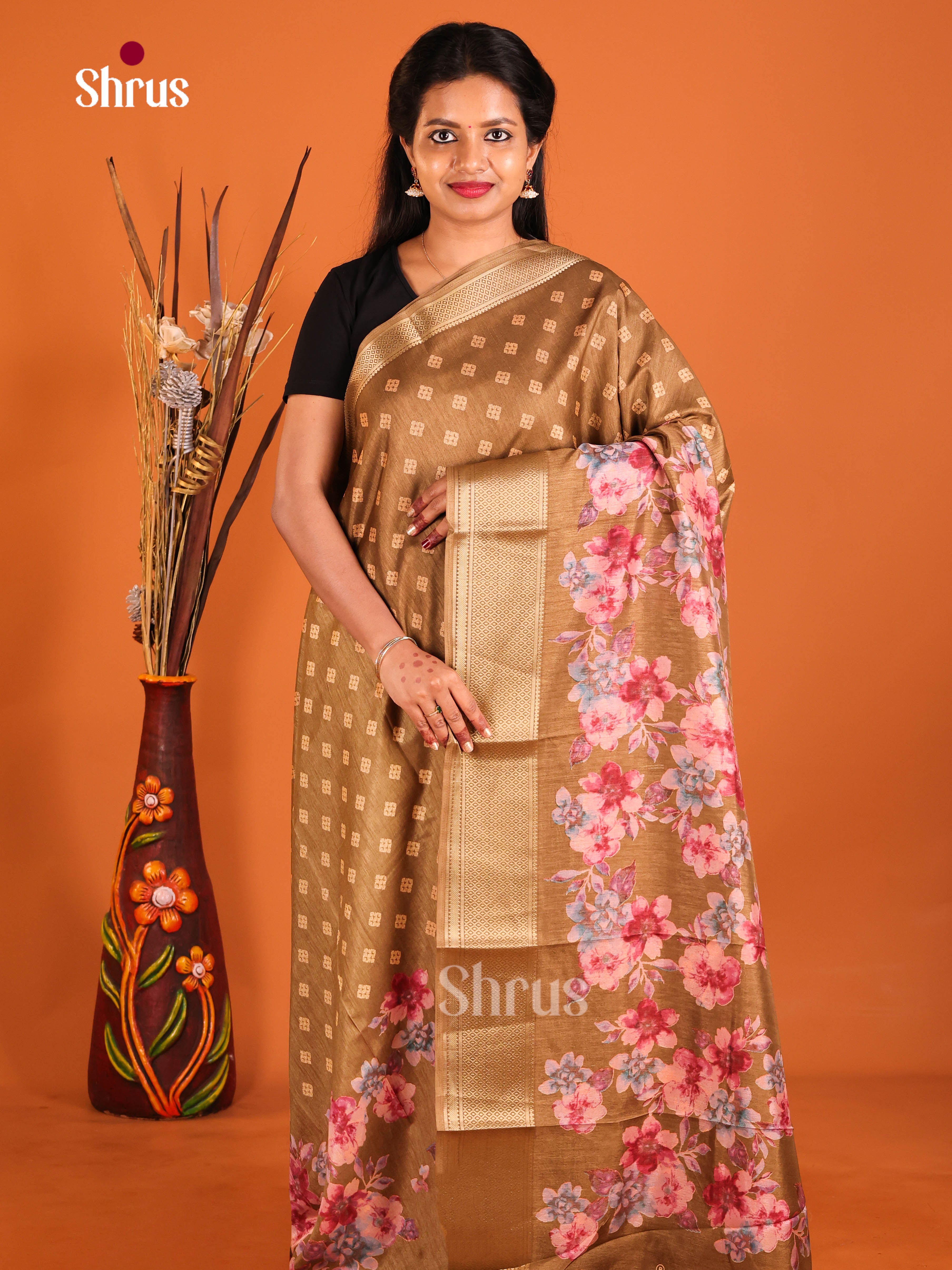 Brown - Semi Crepe Saree