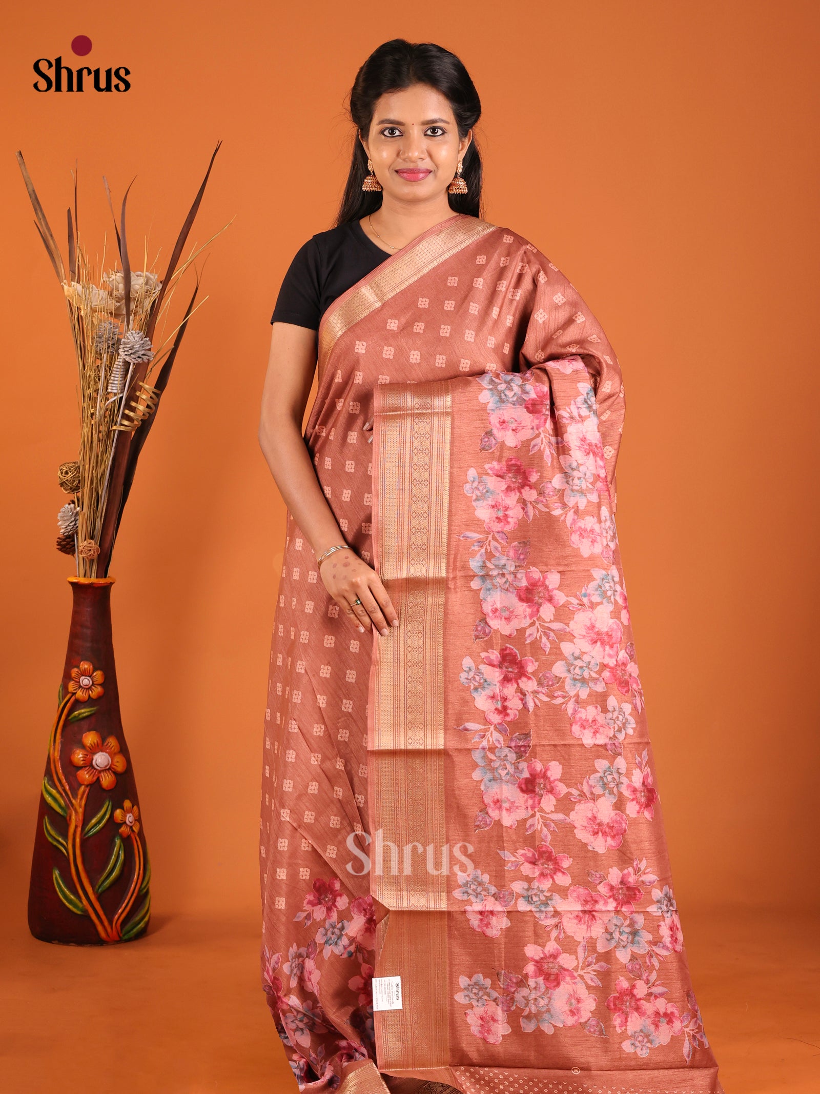 Brown - Semi Crepe Saree