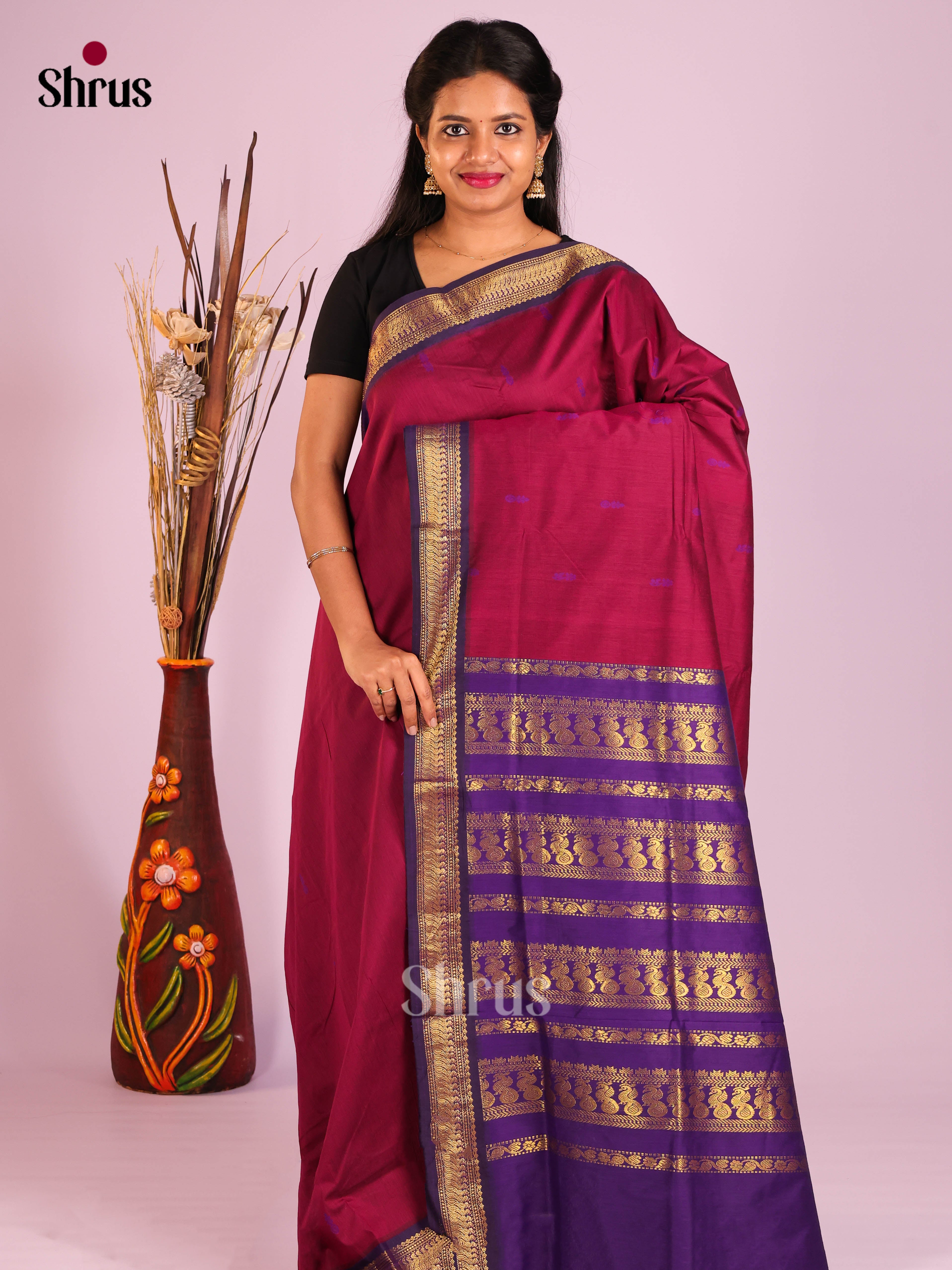 Maroon & Violet - Kalyani Cotton Saree - Shop on Shrus.com