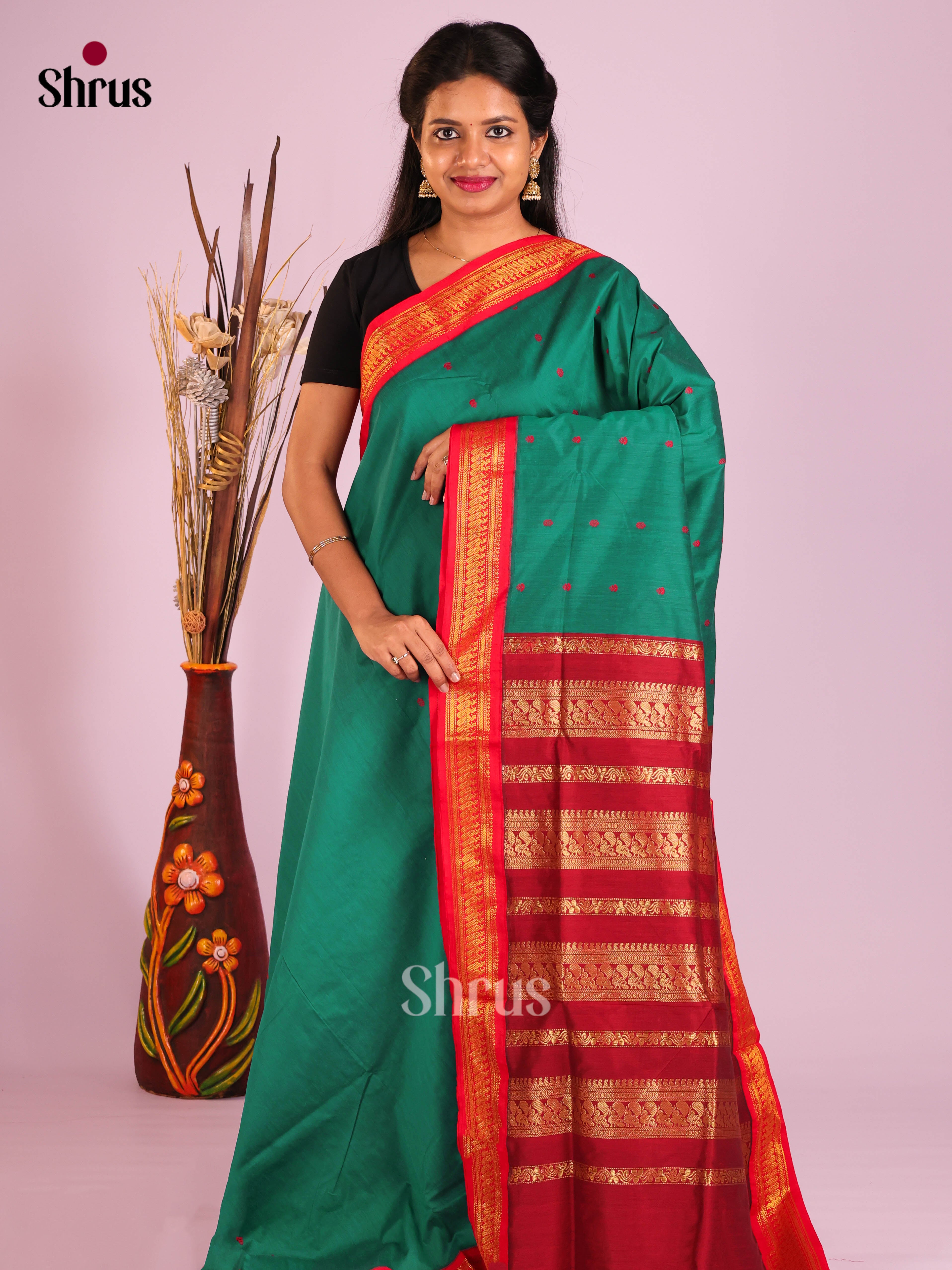 Green & Red - Kalyani Cotton Saree - Shop on Shrus.com