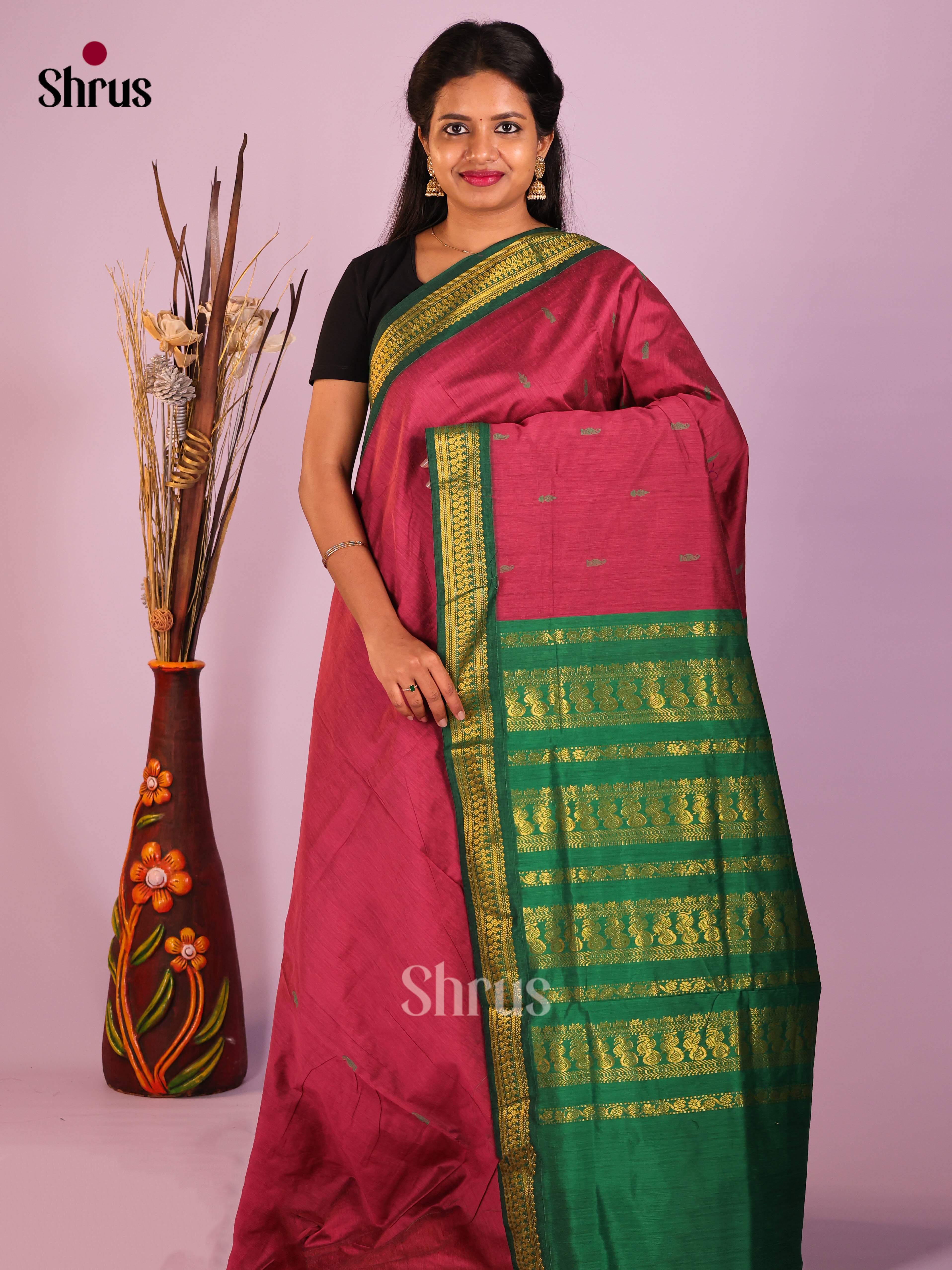 Maroon & Green- Kalyani Cotton Saree - Shop on Shrus.com