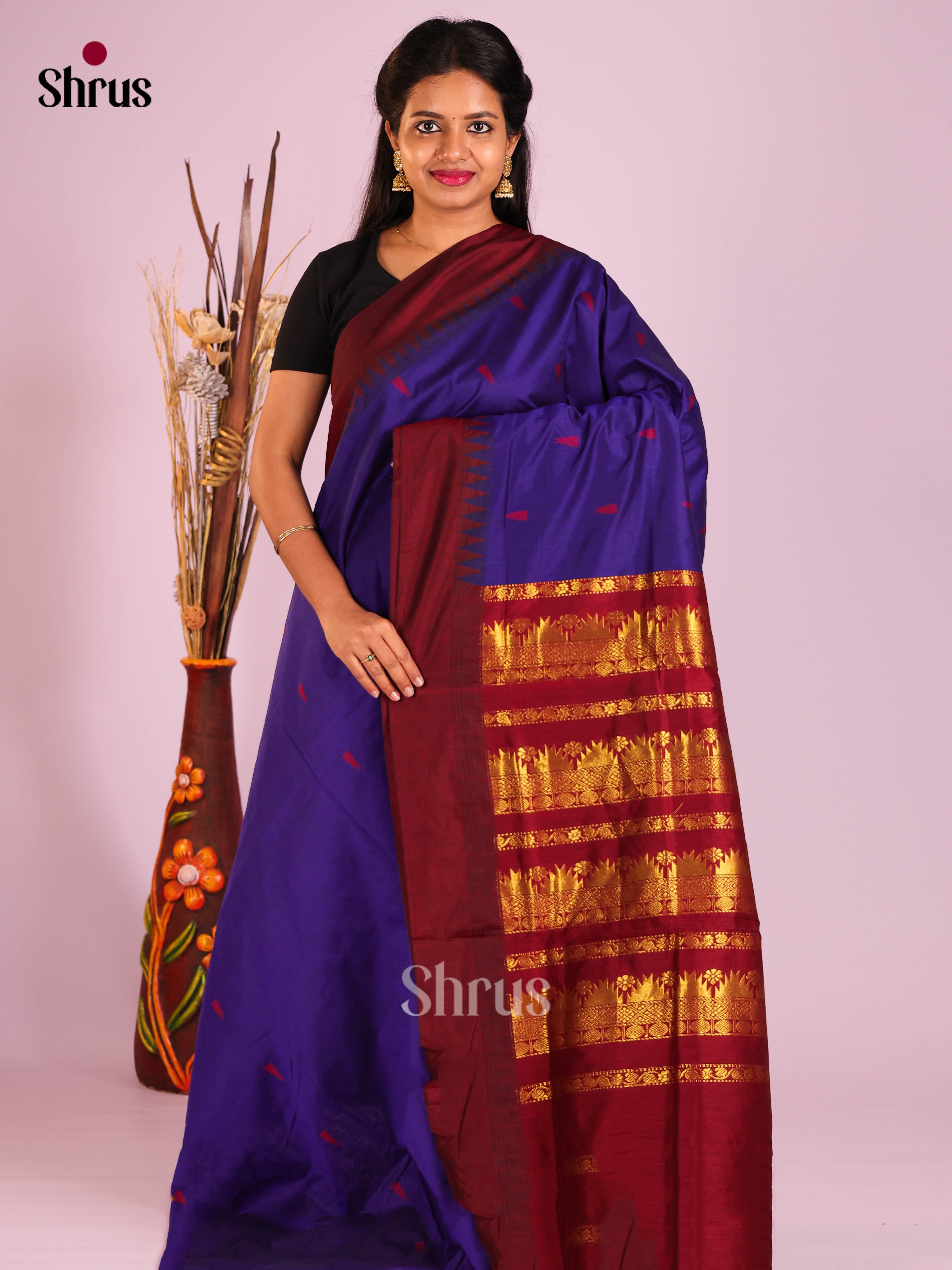Blue & Maroon - Kalyani Cotton Saree