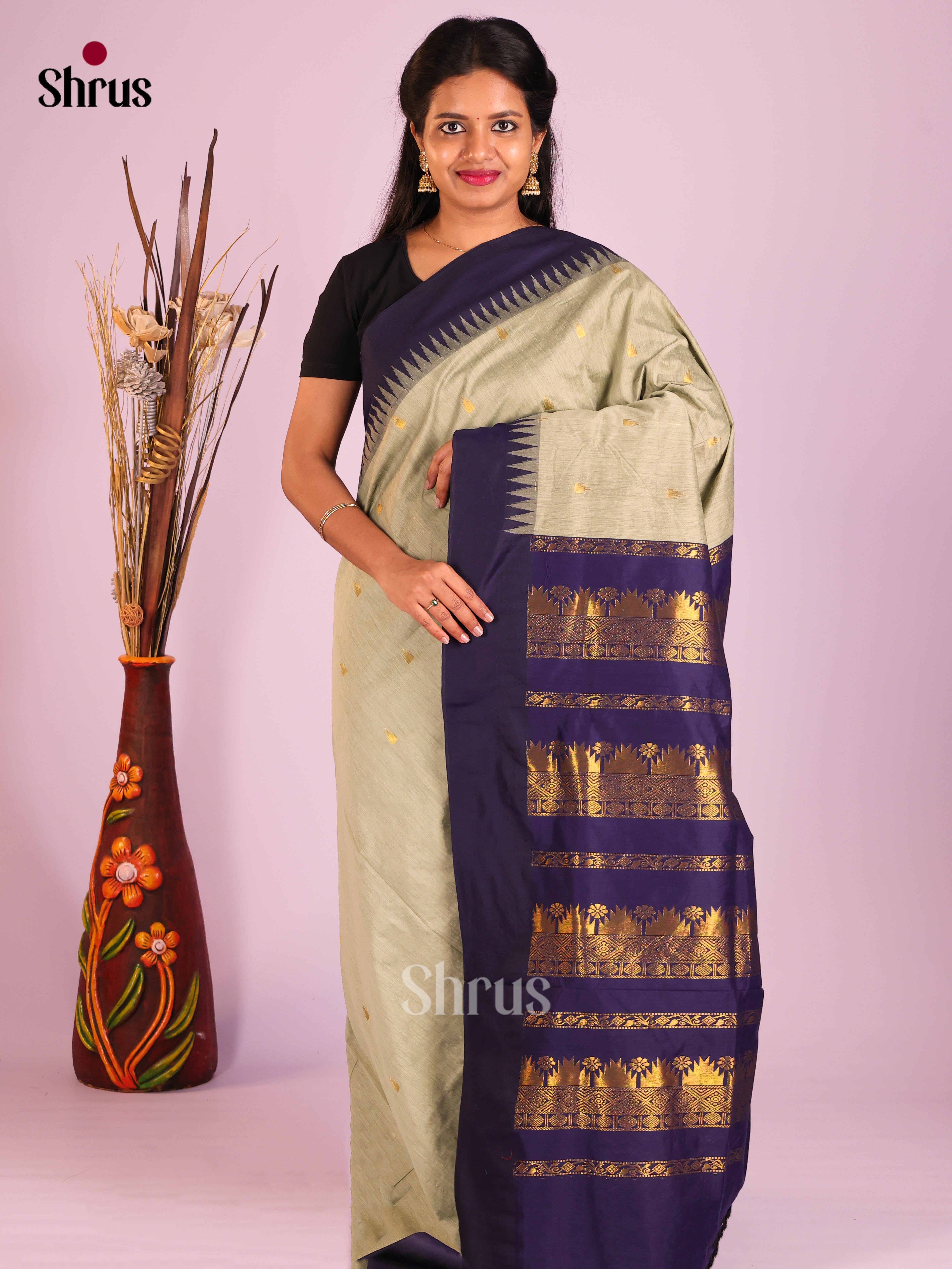 Grey & Blue- Kalyani Cotton Saree - Shop on Shrus.com