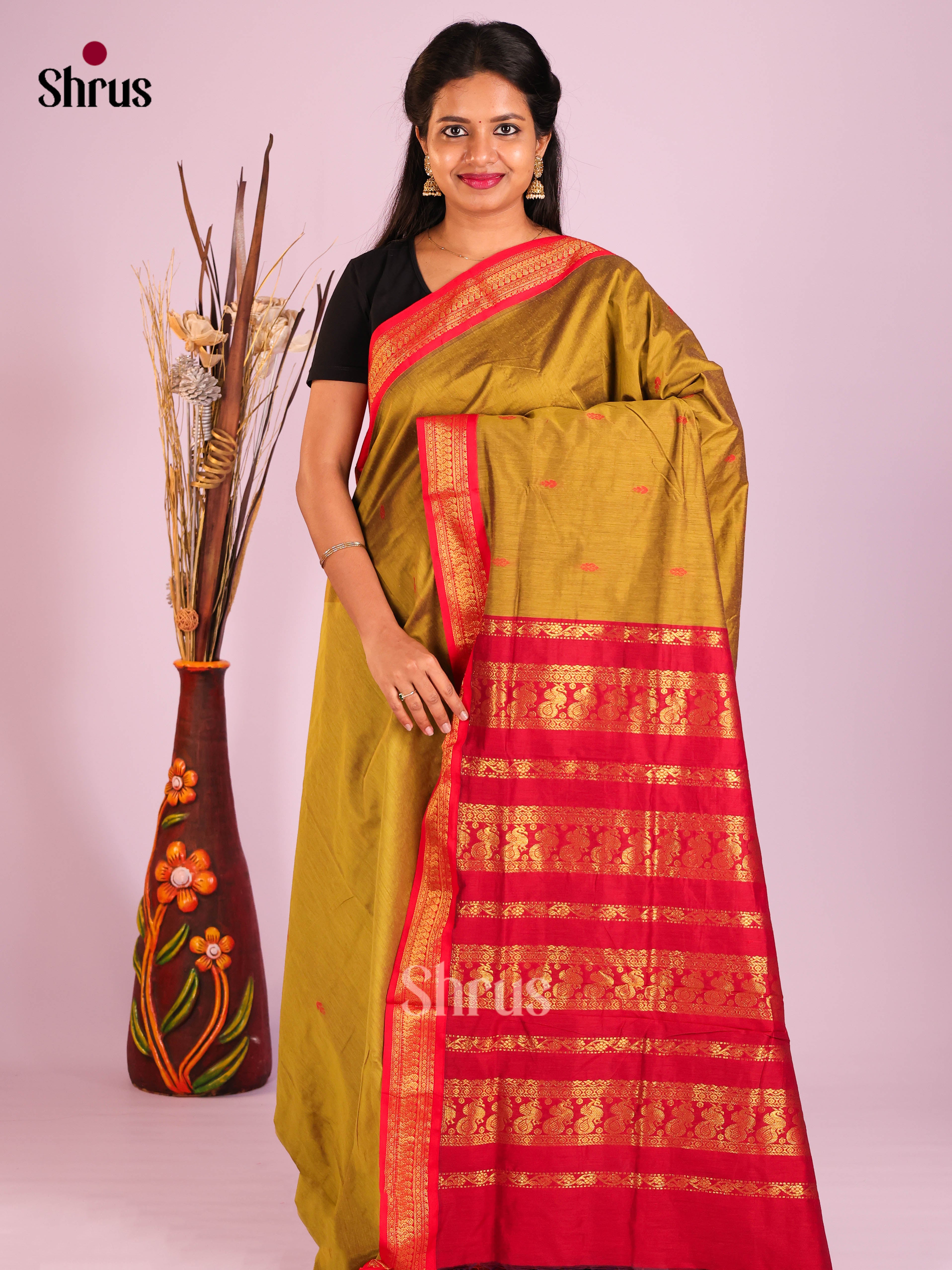 Mustard & Red- Kalyani Cotton Saree - Shop on Shrus.com