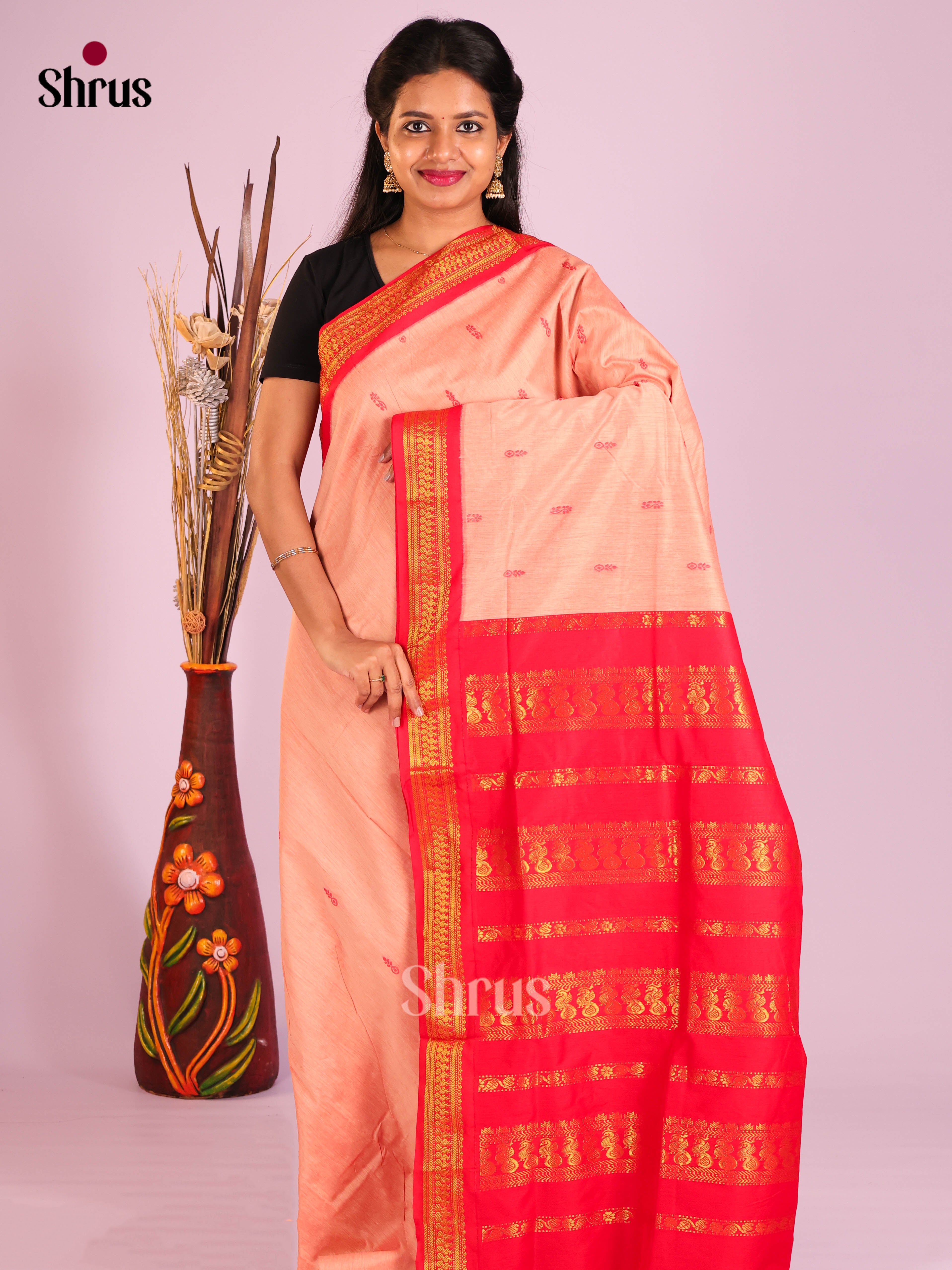 Peach & Red - Kalyani Cotton Saree - Shop on Shrus.com