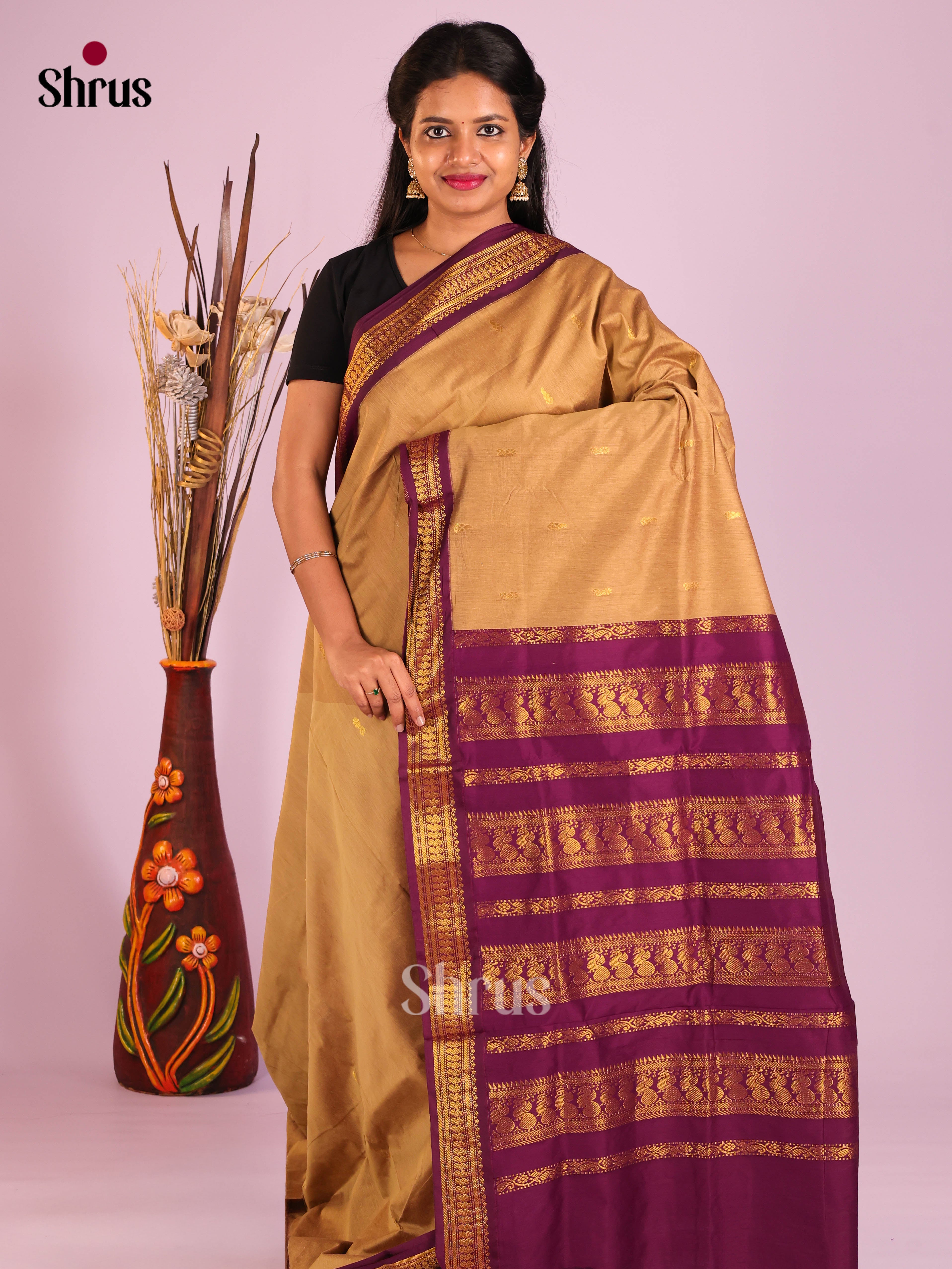 Beige & Purple - Kalyani Cotton Saree - Shop on Shrus.com