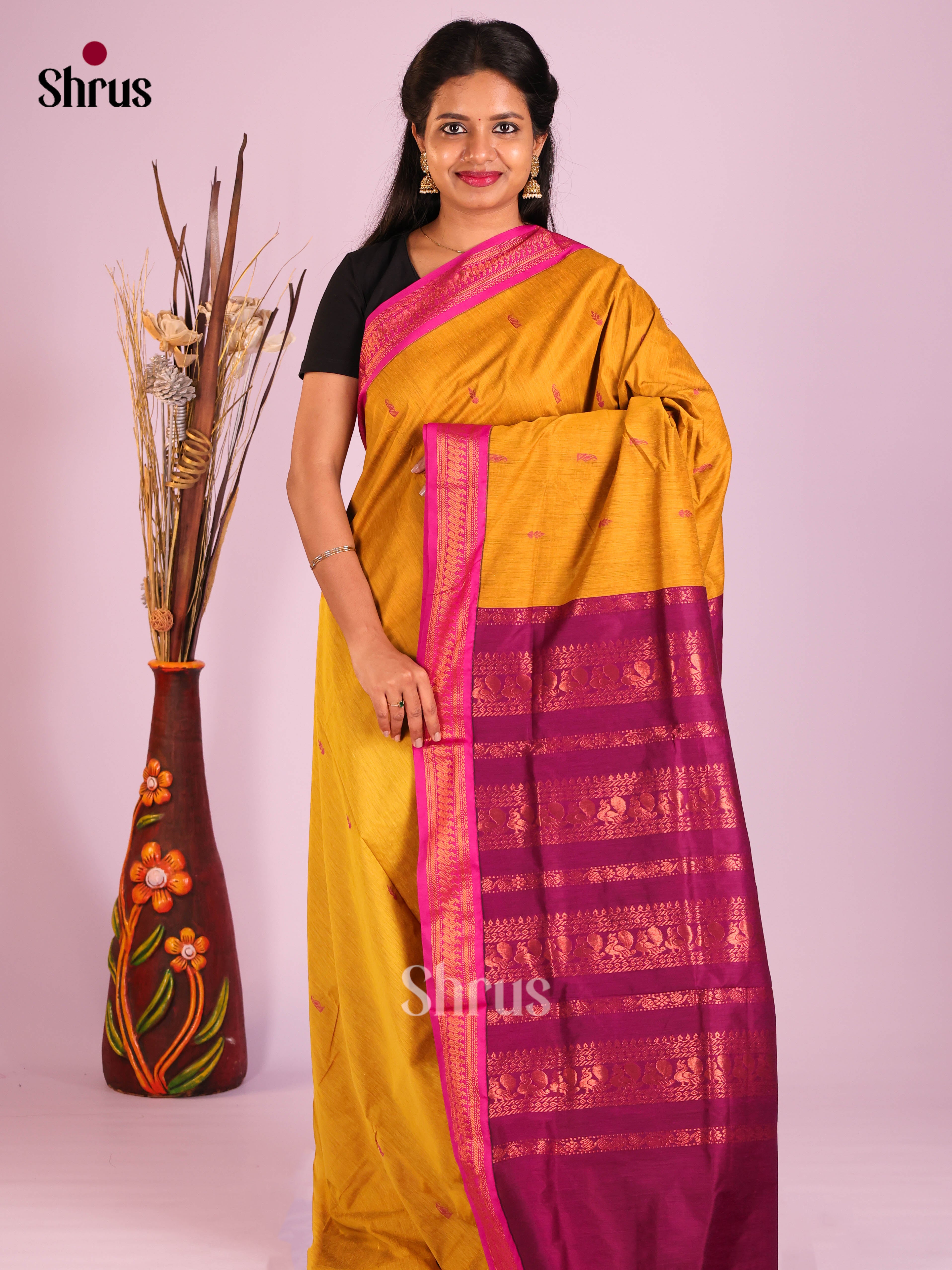 Mustard & Purple - Kalyani Cotton Saree - Shop on Shrus.com