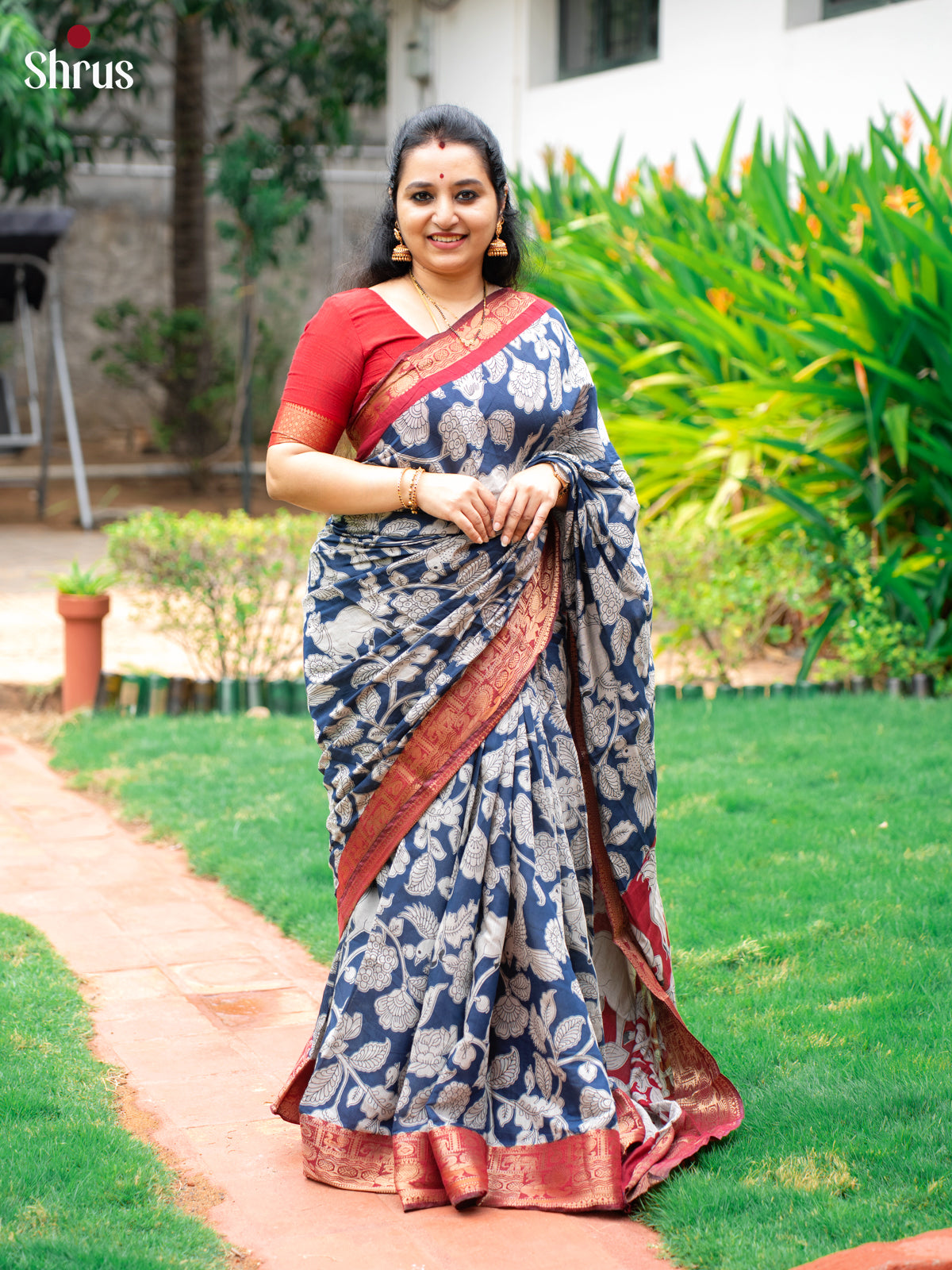 Blue & Red - Semi Modal Saree